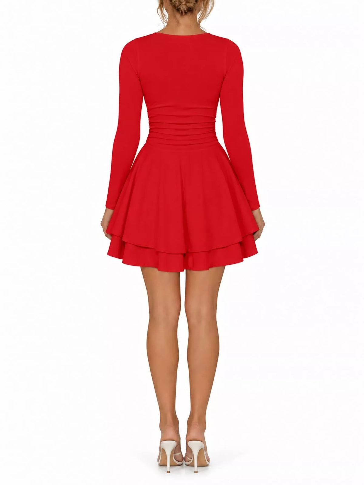Square neck long sleeve mini dress, back view
