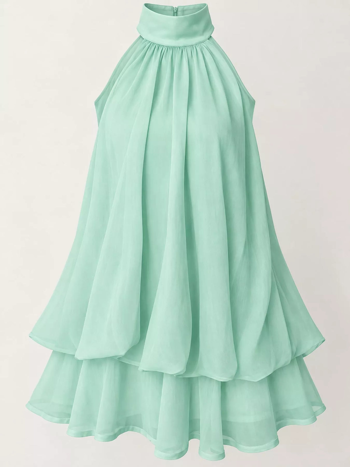 Mint green halter neck layered mini dress, layered skirt detail