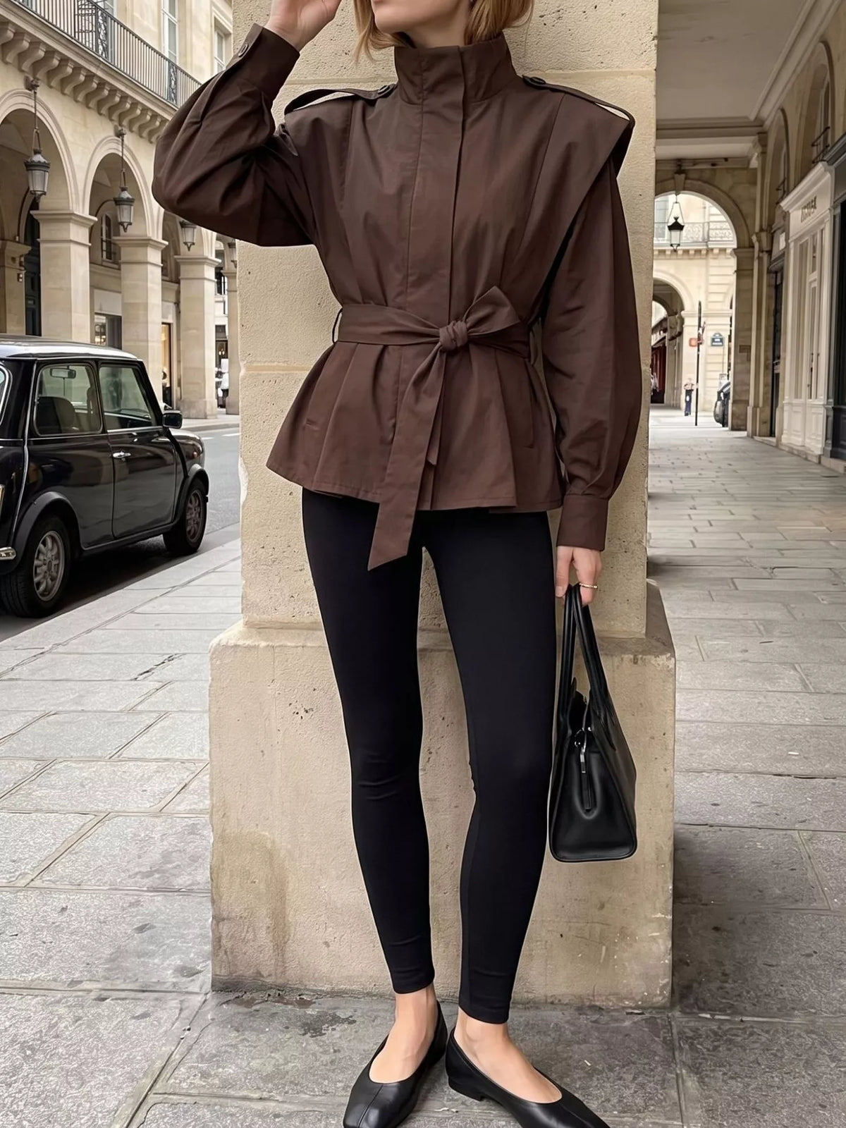 Trendsi Stand-Collar Belted Outerwear -