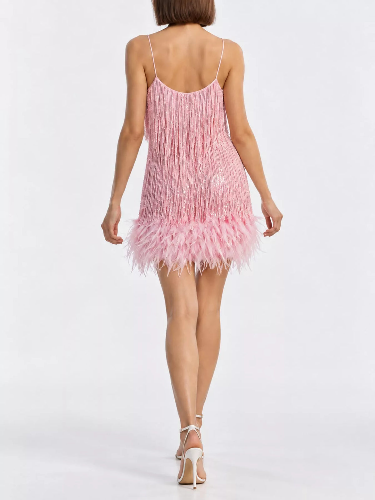 Pink feather fringe sequin mini dress, back view