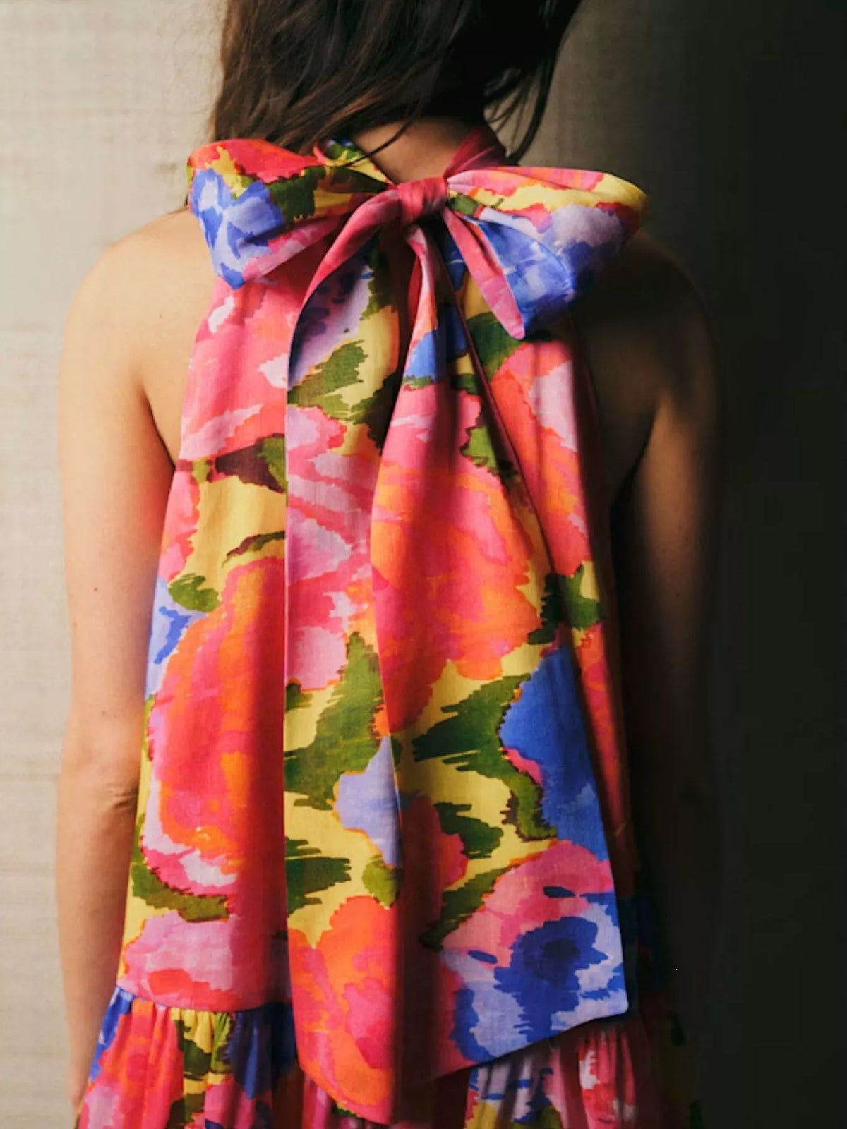 Hot Pink Floral Print Sleeveless Mini Dress with Bow back view