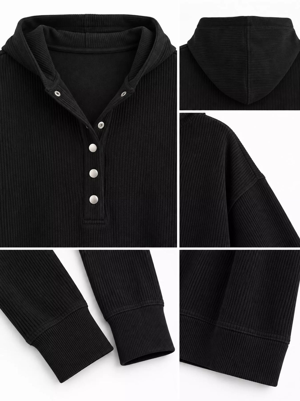 Women's Snap Button Placket Dropped Shoulder Hoodie in black — detail collage view