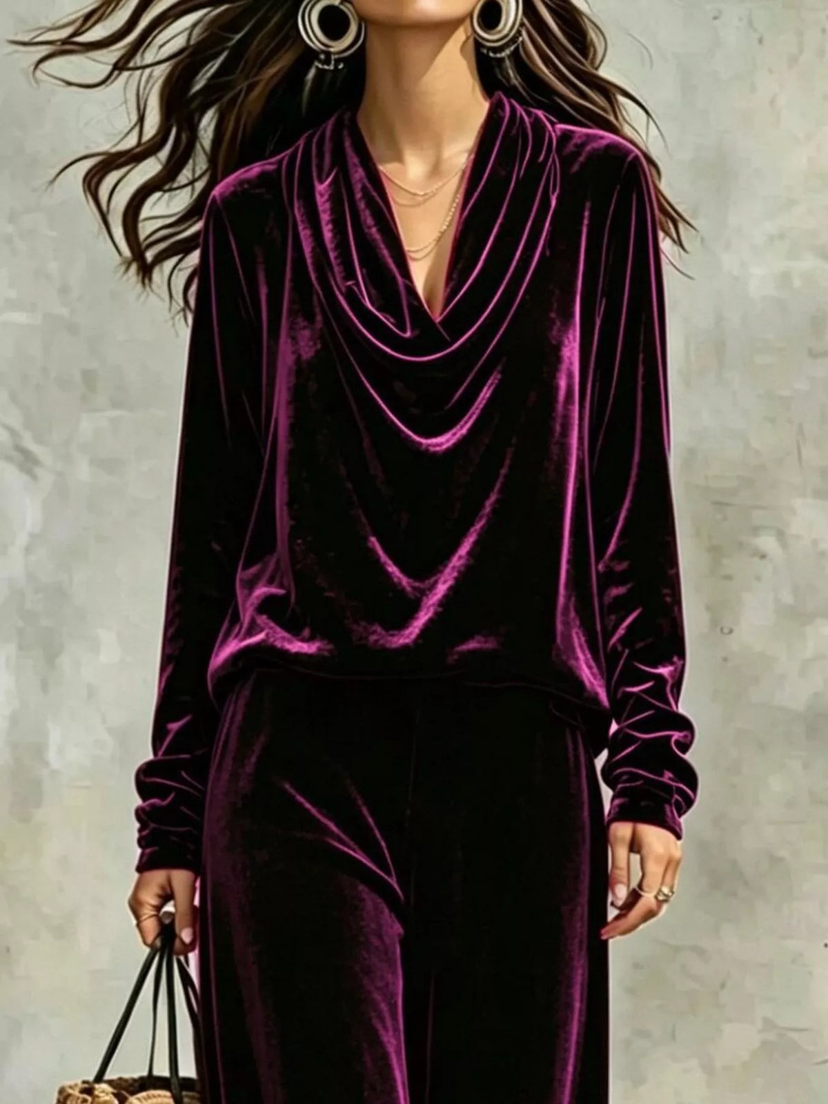 Purple velvet cowl neck top and pants set, cowl neck detail