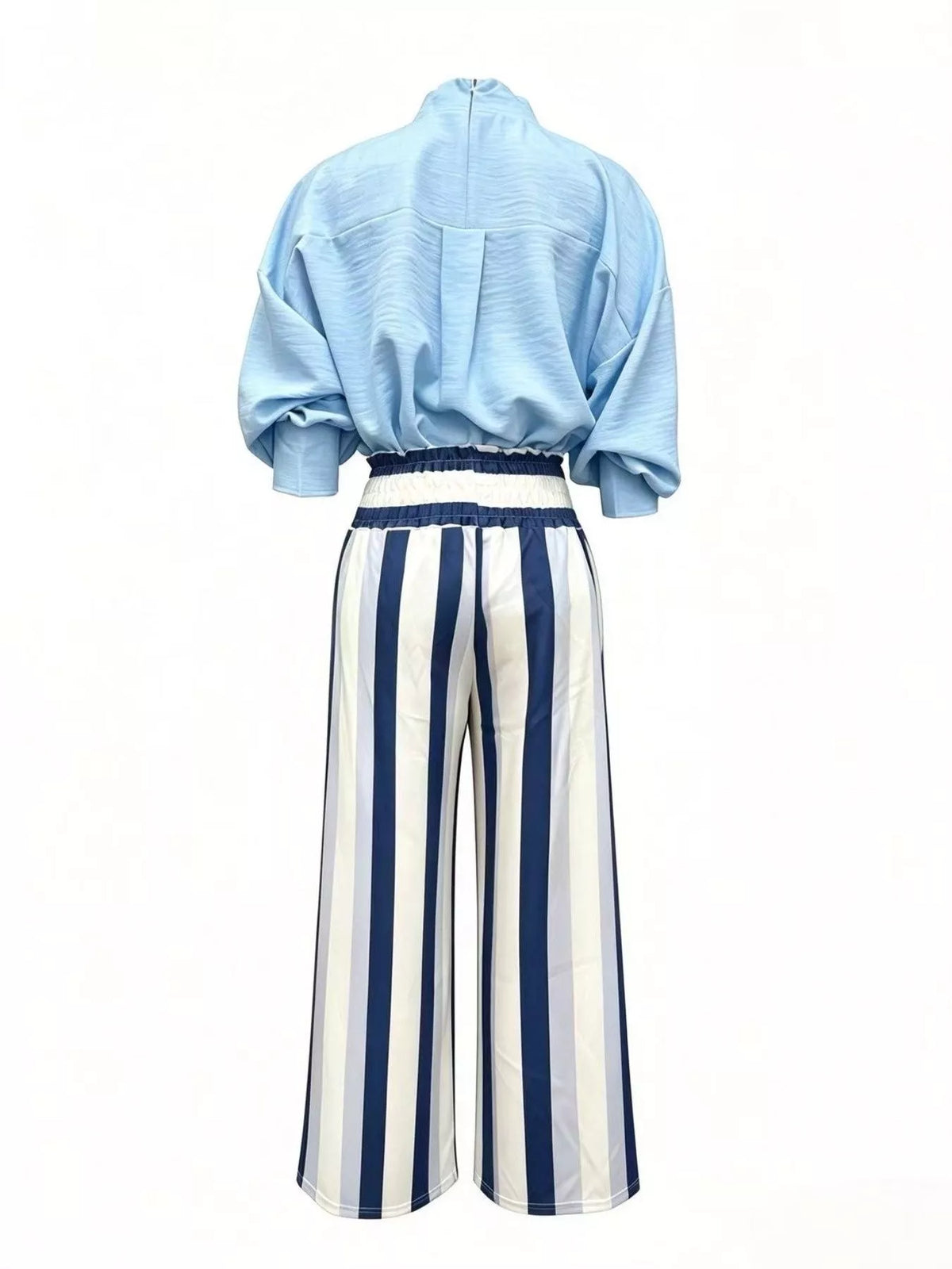 Blue mock-neck blouse and striped wide-leg trouser set — back view