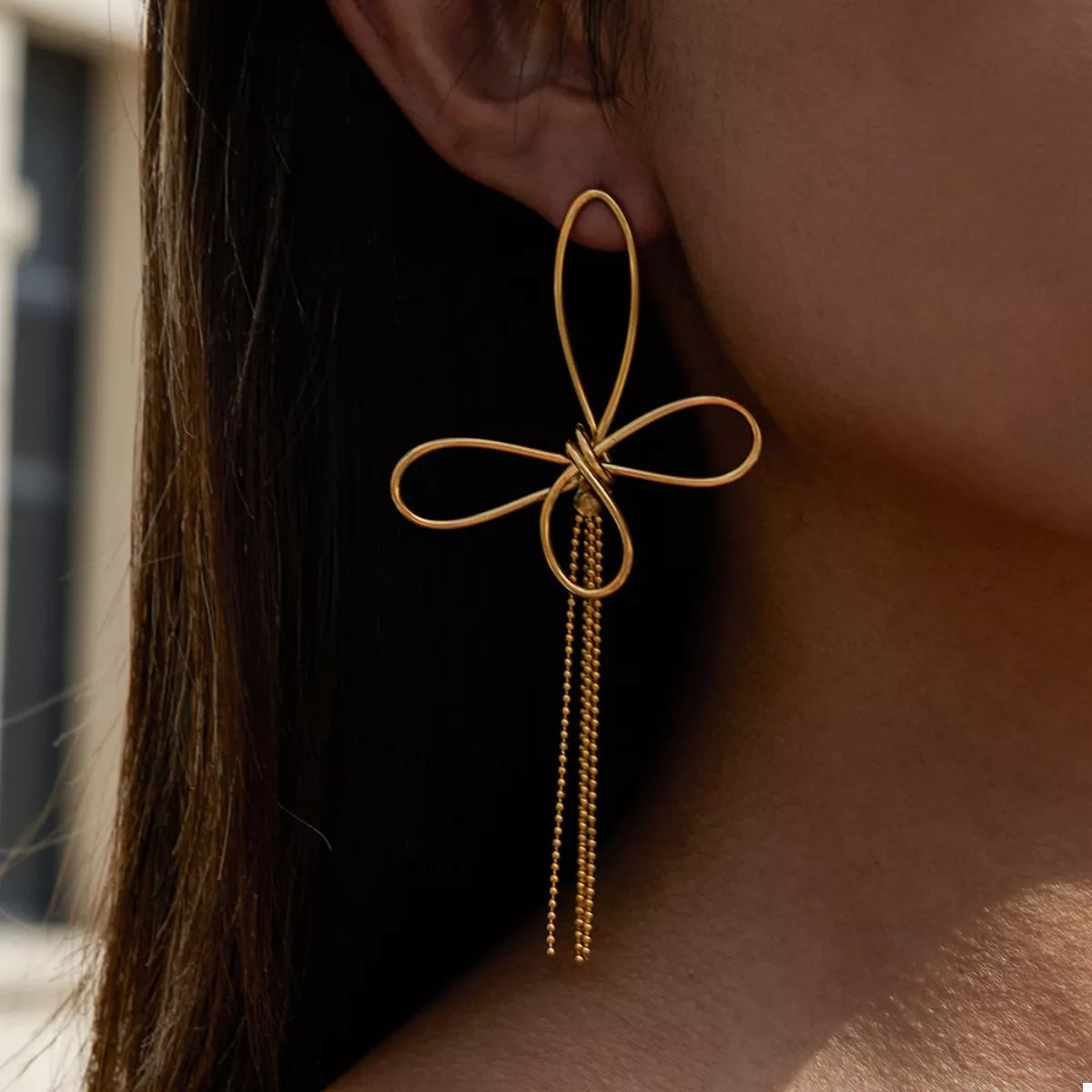 Trendsi 18K Gold-Plated Tassel Bow Earrings -