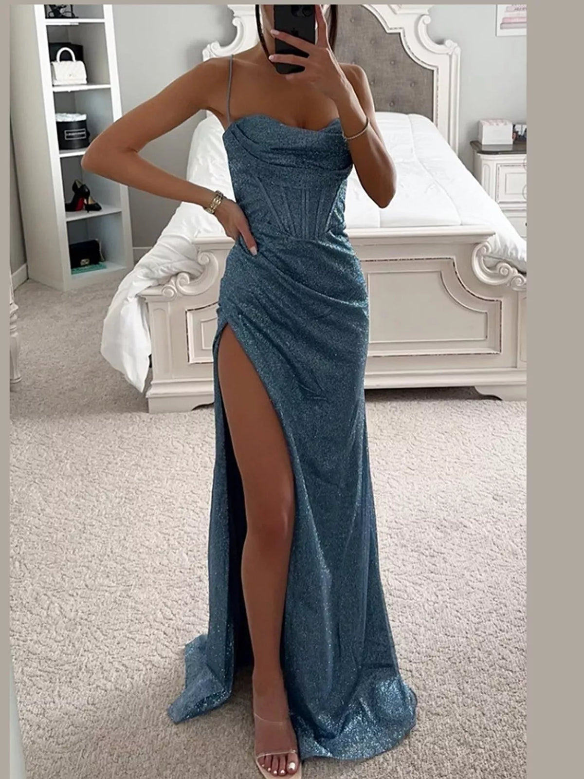 Blue high-slit glitter maxi evening dress — front view