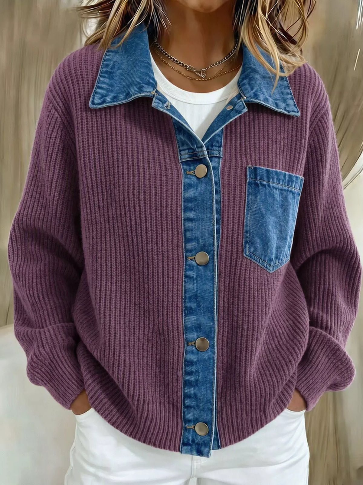 Purple-red Denim Trim Button-Up Cardigan front view