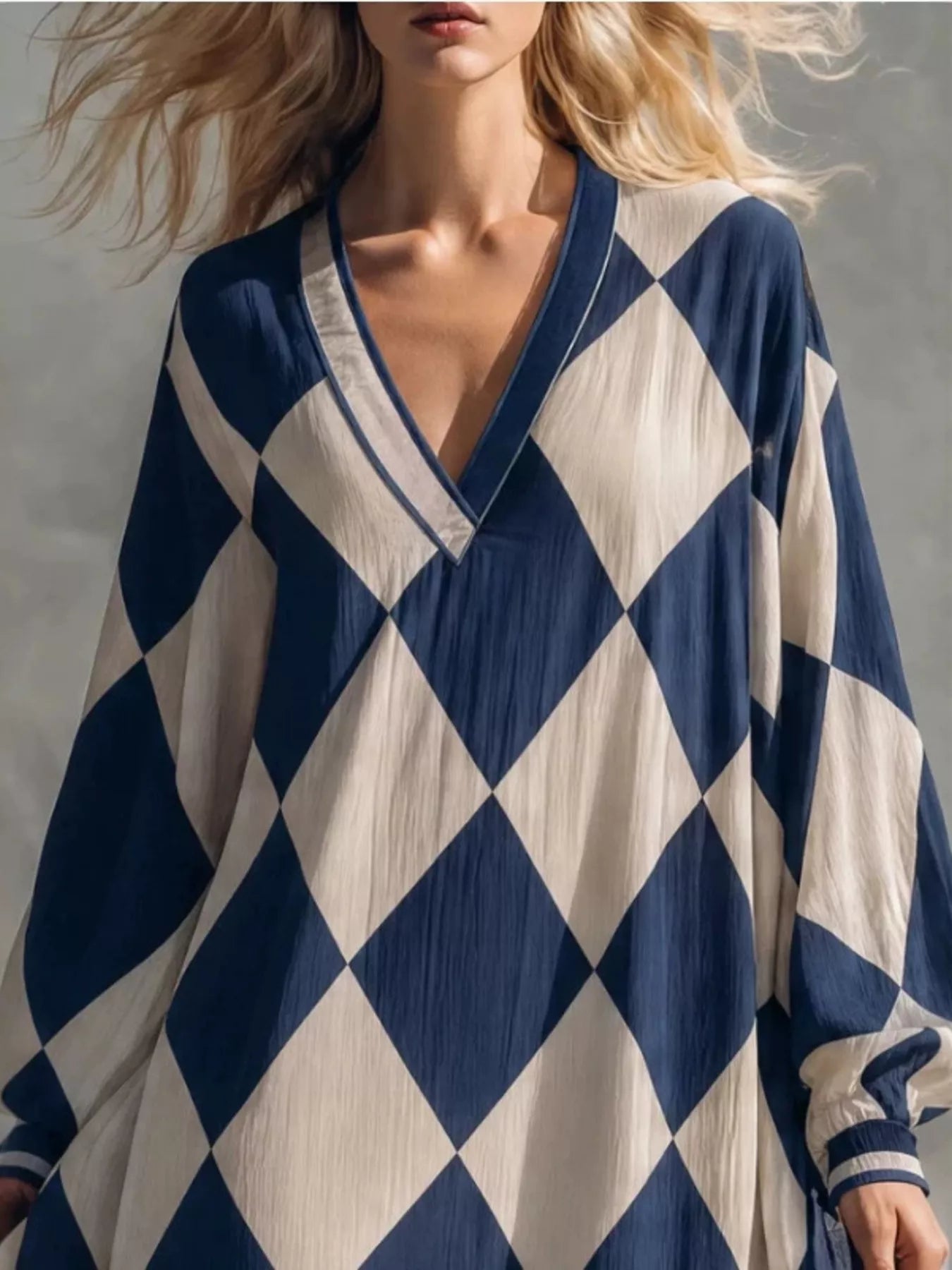 Trendsi Argyle Pattern V-Neck Long Sleeve Dress -