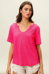 Trendsi BiBi Waved Rib U Neck Top With Front Pocket -