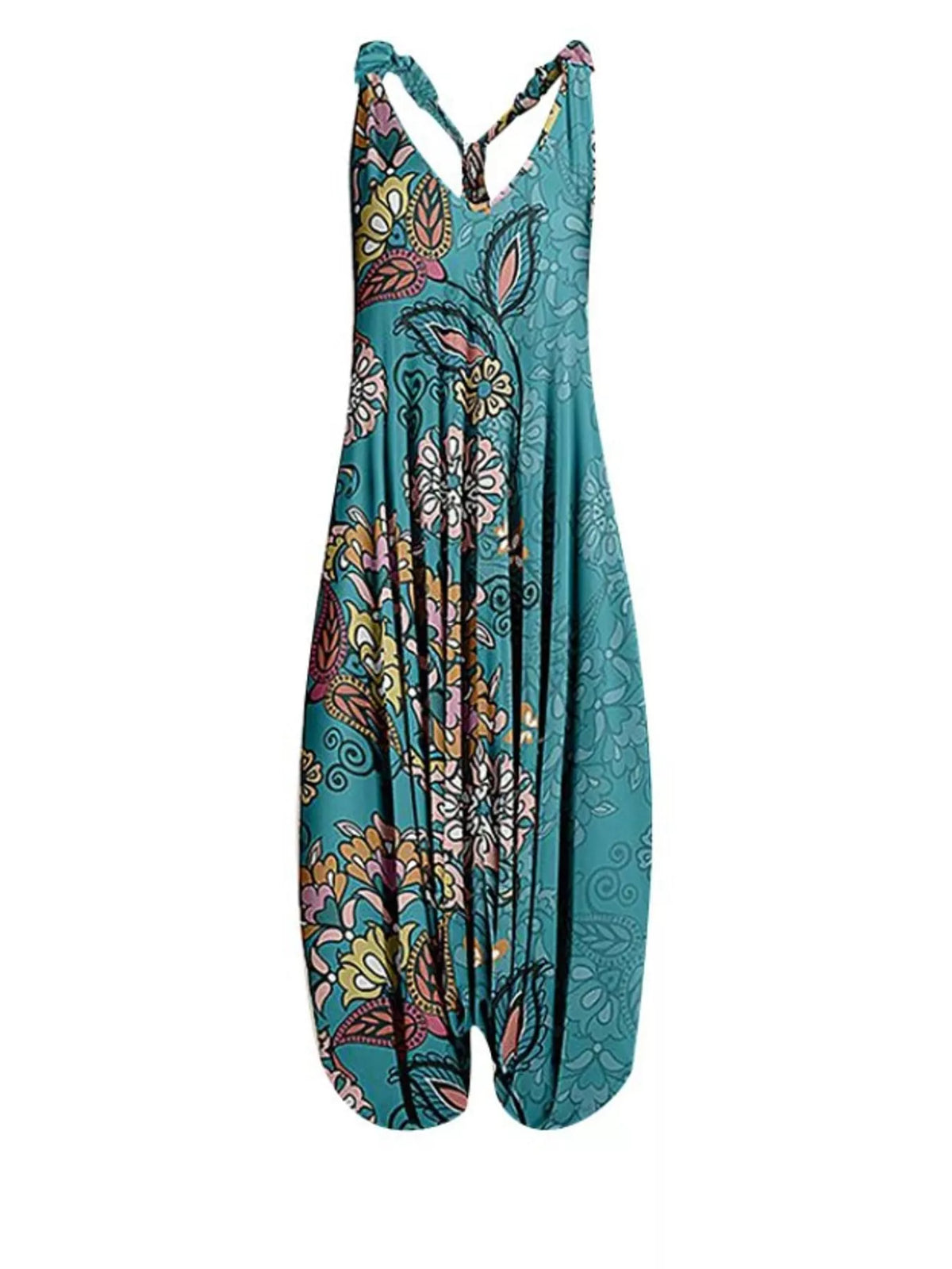 Teal paisley-print V-neck sleeveless jumpsuit