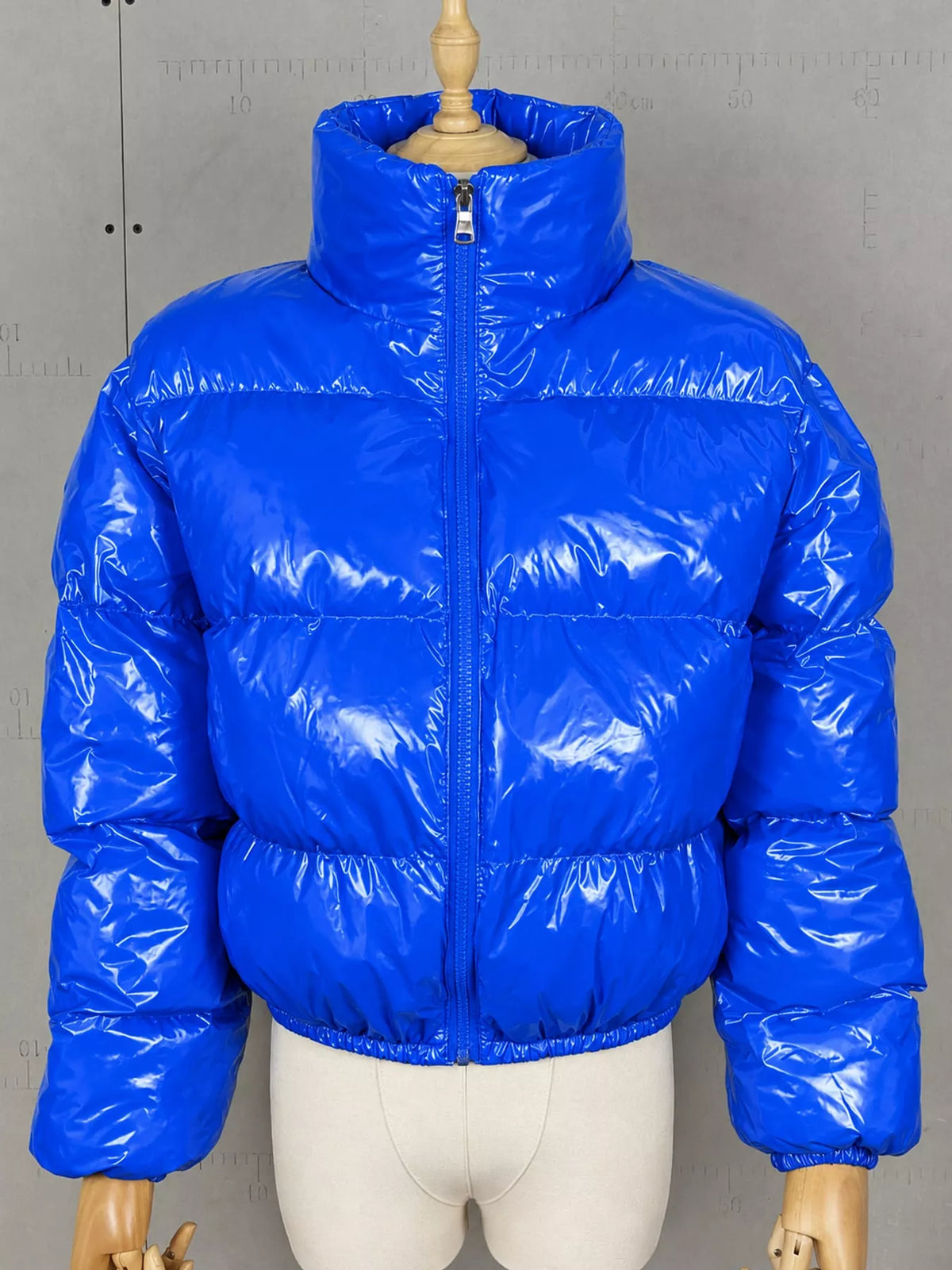 Glossy Stand-Collar Zip-Up Puffer Jacket — garment front