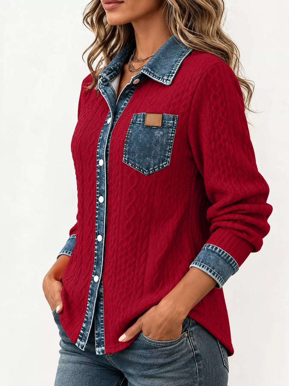 Contrast Denim Trim Textured Button-Down Shirt — side view
