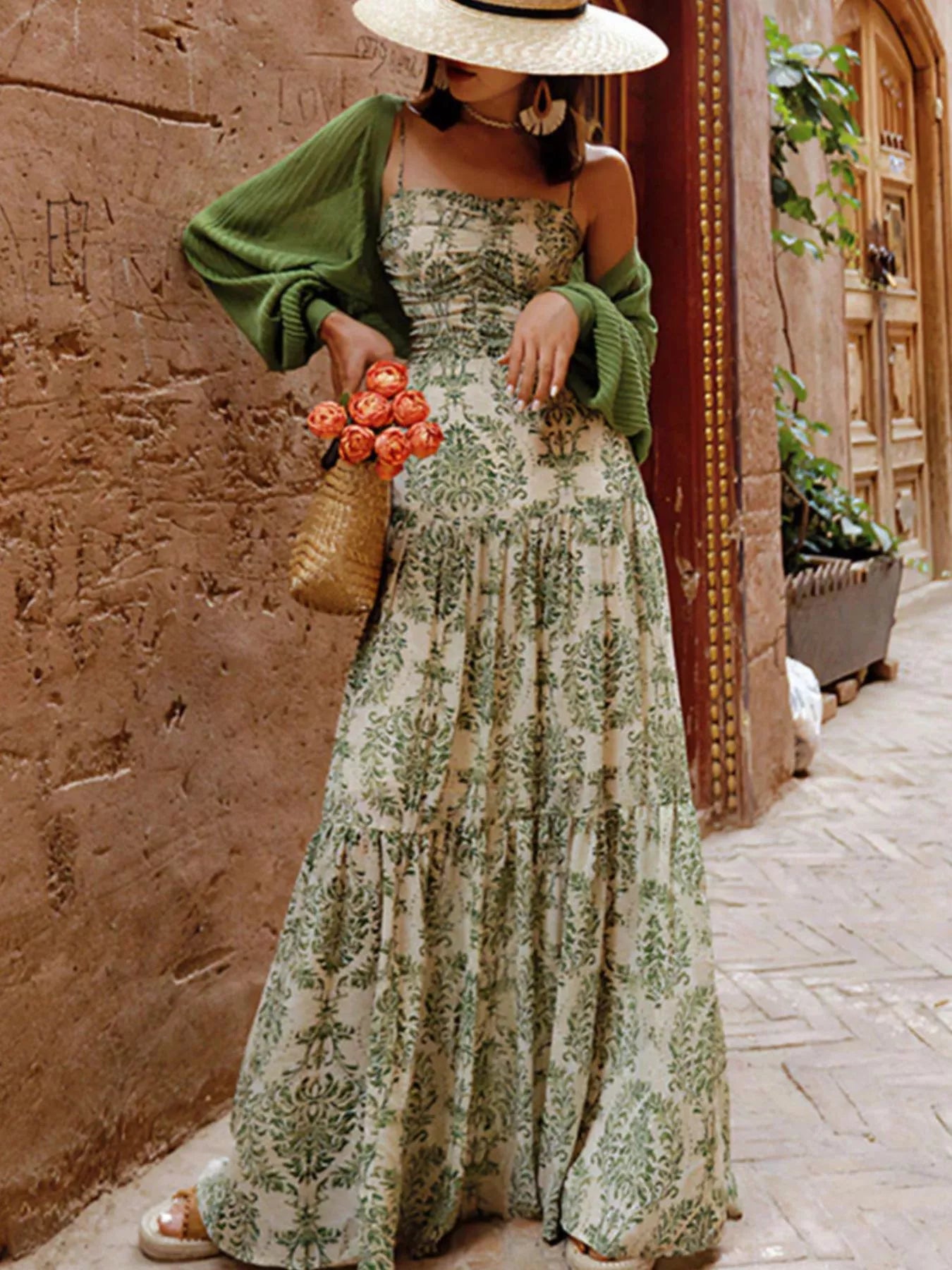 Trendsi Cutout Back Printed Spaghetti Strap Tiered Maxi Dress -