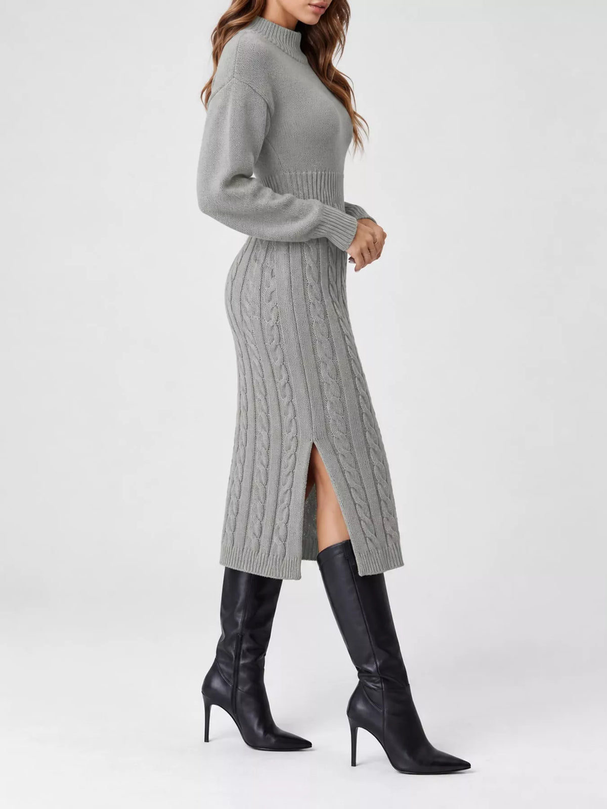 Women's Mock Neck Cable Knit Sweater Dress with Front Slit in gray — side view