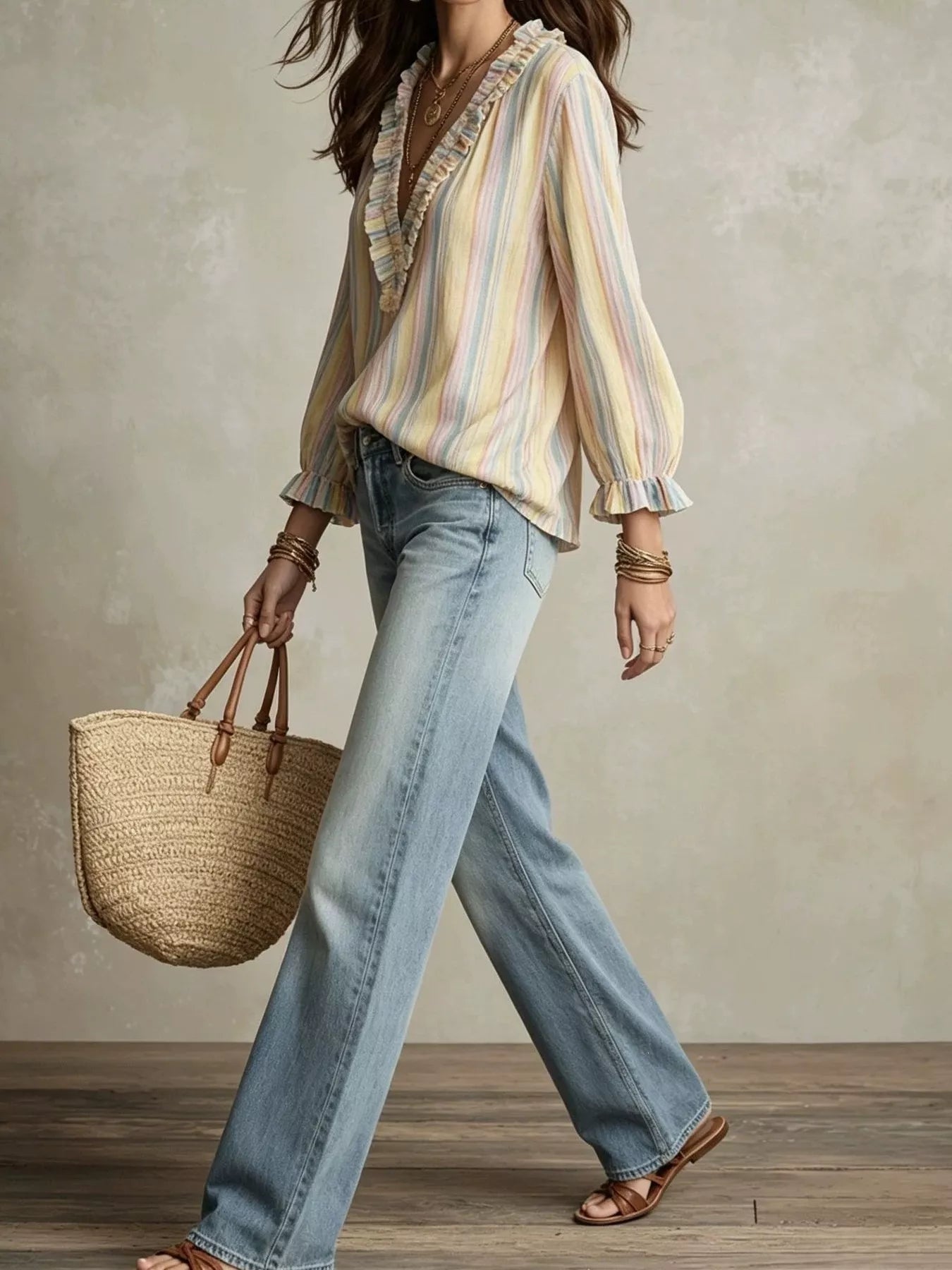 Trendsi Striped Ruffle-Trim V-Neck Blouse -