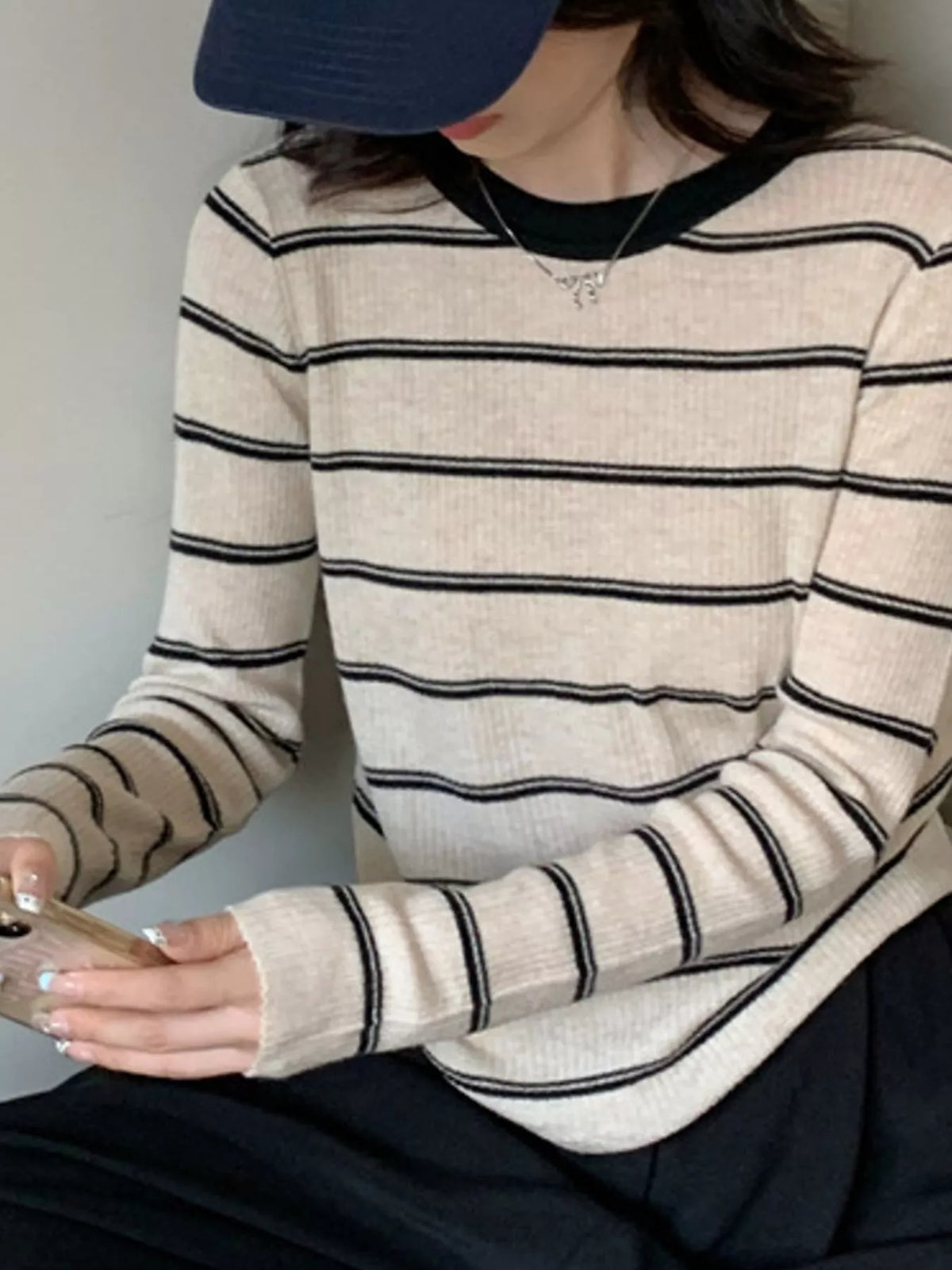 Striped Round Neck Ribbed Knit Top, detail view in cream and black
