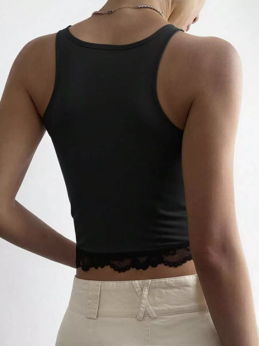 Lace Detail Wide Strap Tank in black, back view