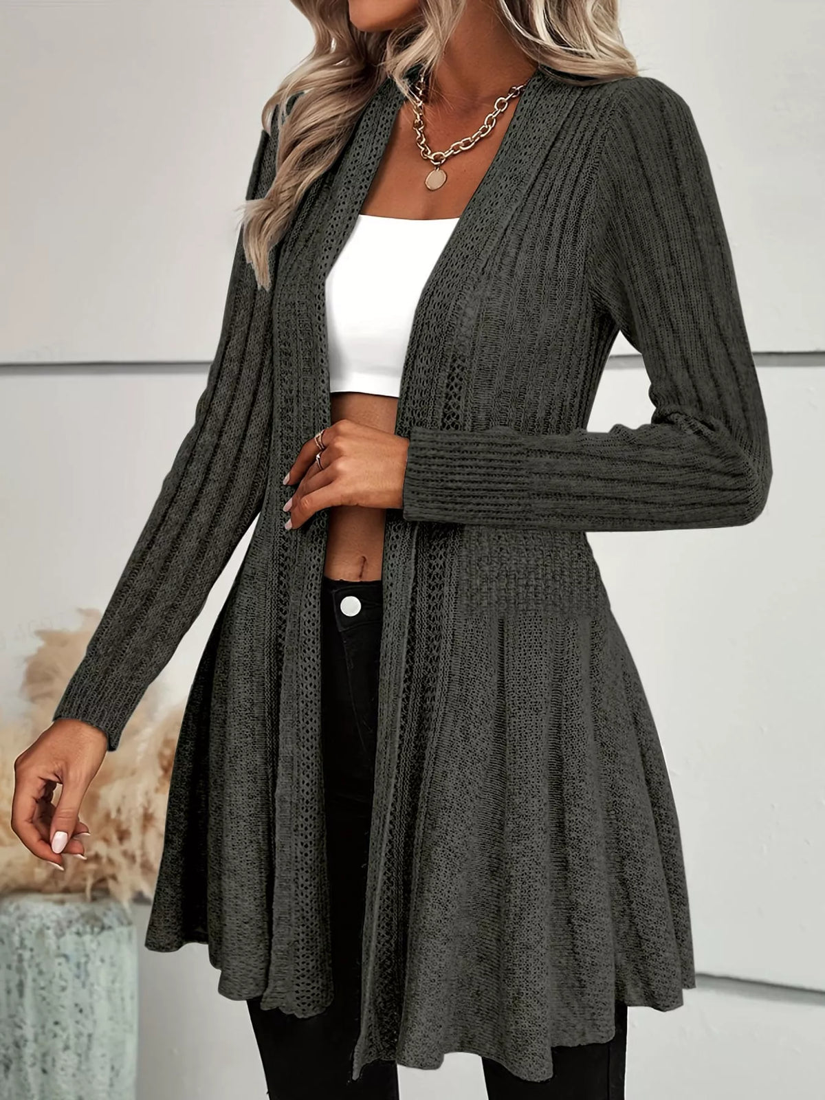 Dark Gray ribbed knit open front flared cardigan