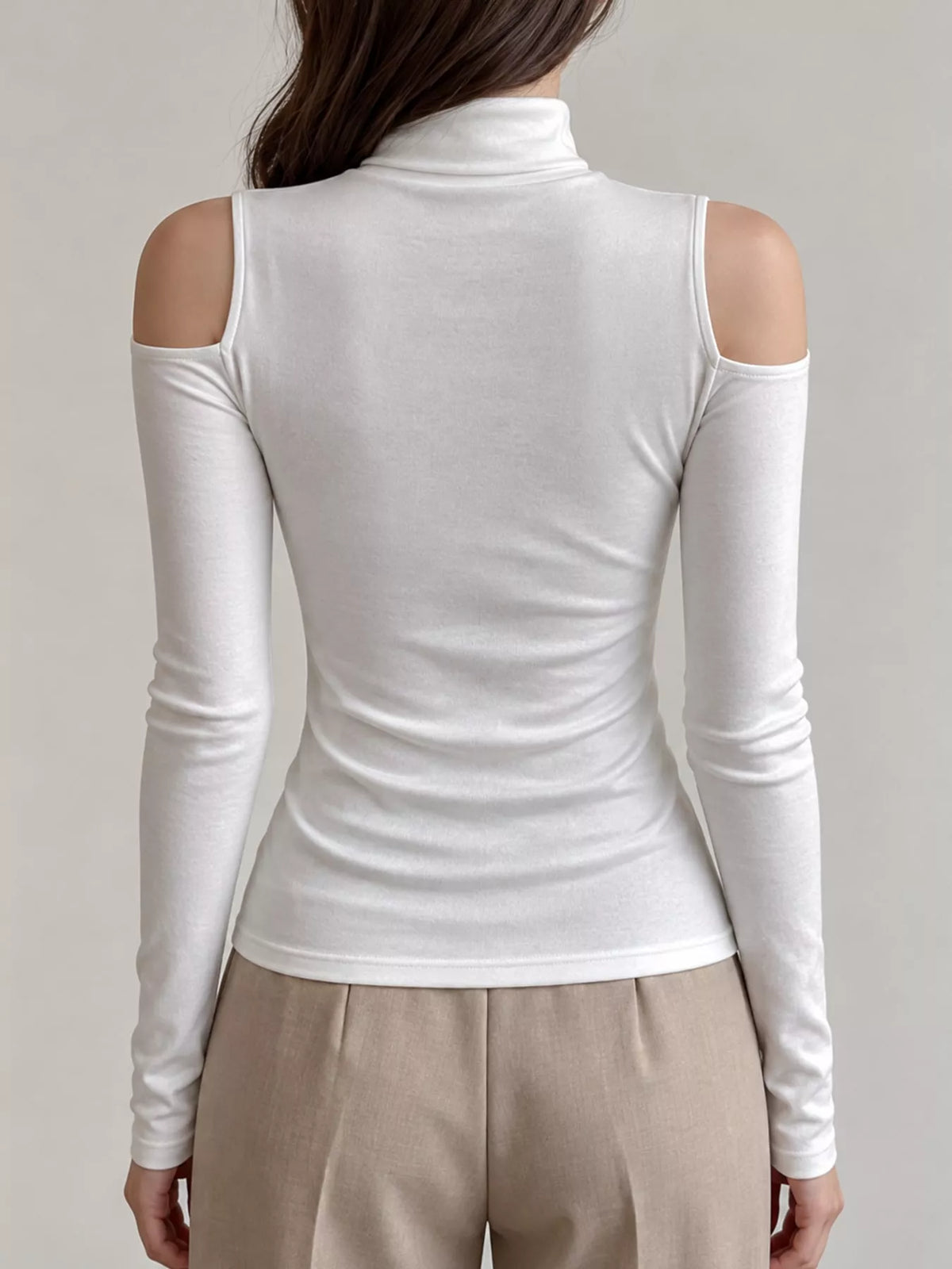 White mock neck cold-shoulder t-shirt, back view
