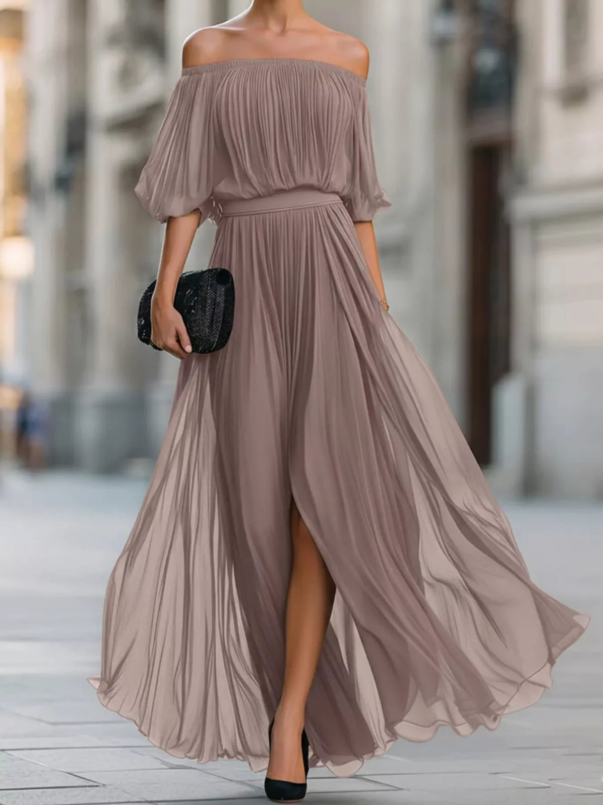 Taupe off shoulder ruched chiffon maxi dress, front view