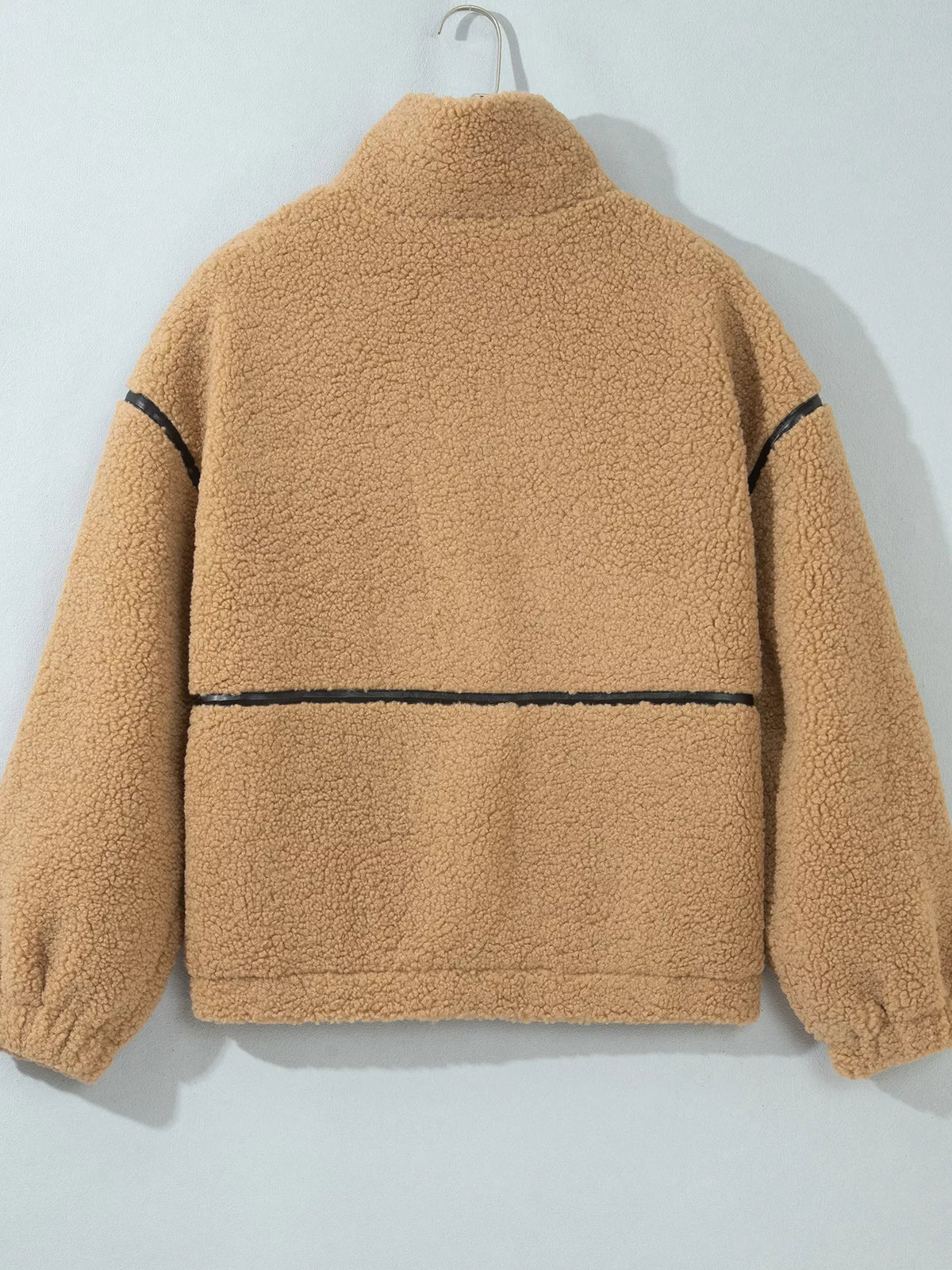 Camel fleece zip-front jacket with contrasting seam trim, back view