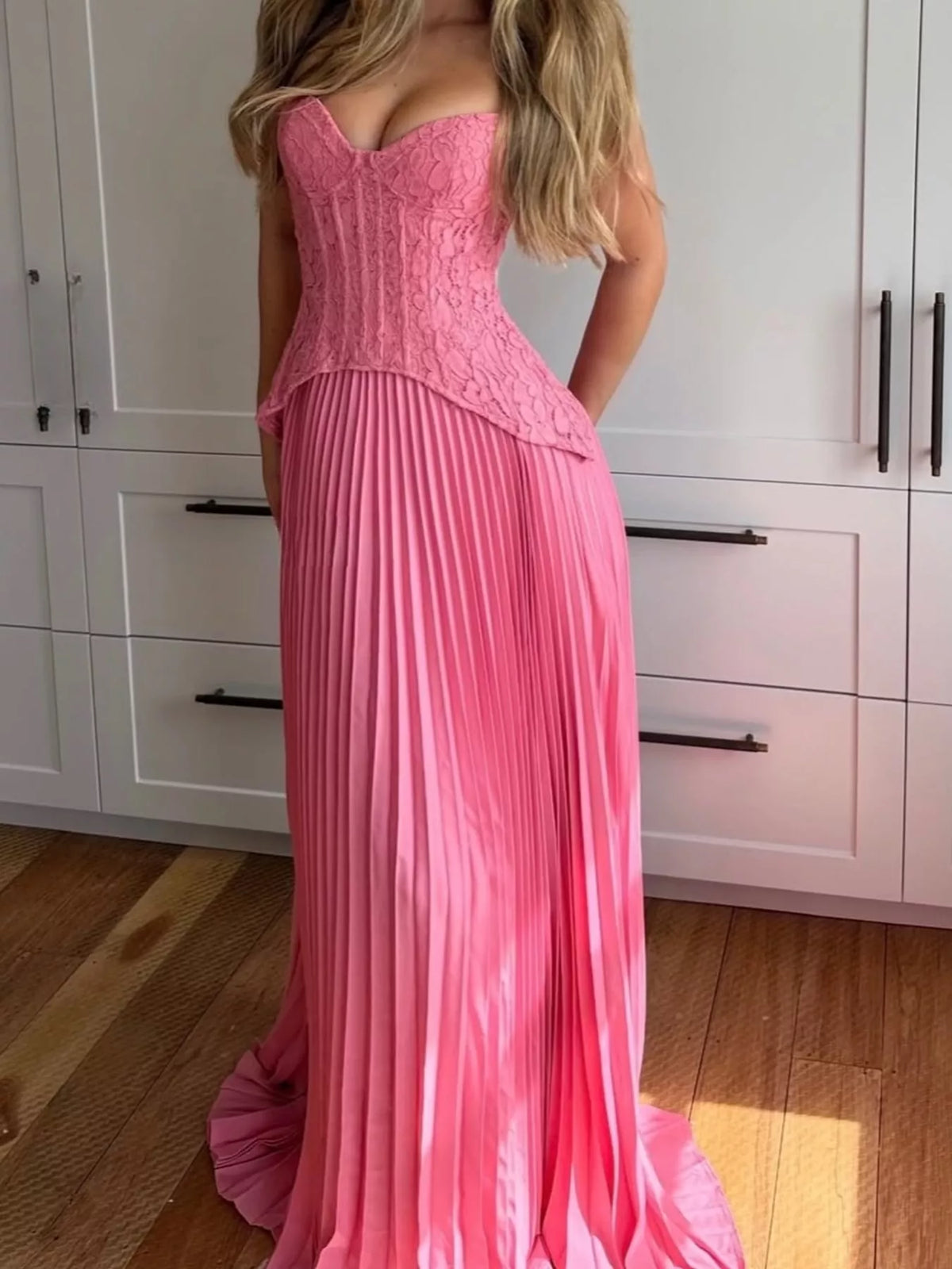 Lace Halter Neck Pleated Maxi Dress — back view