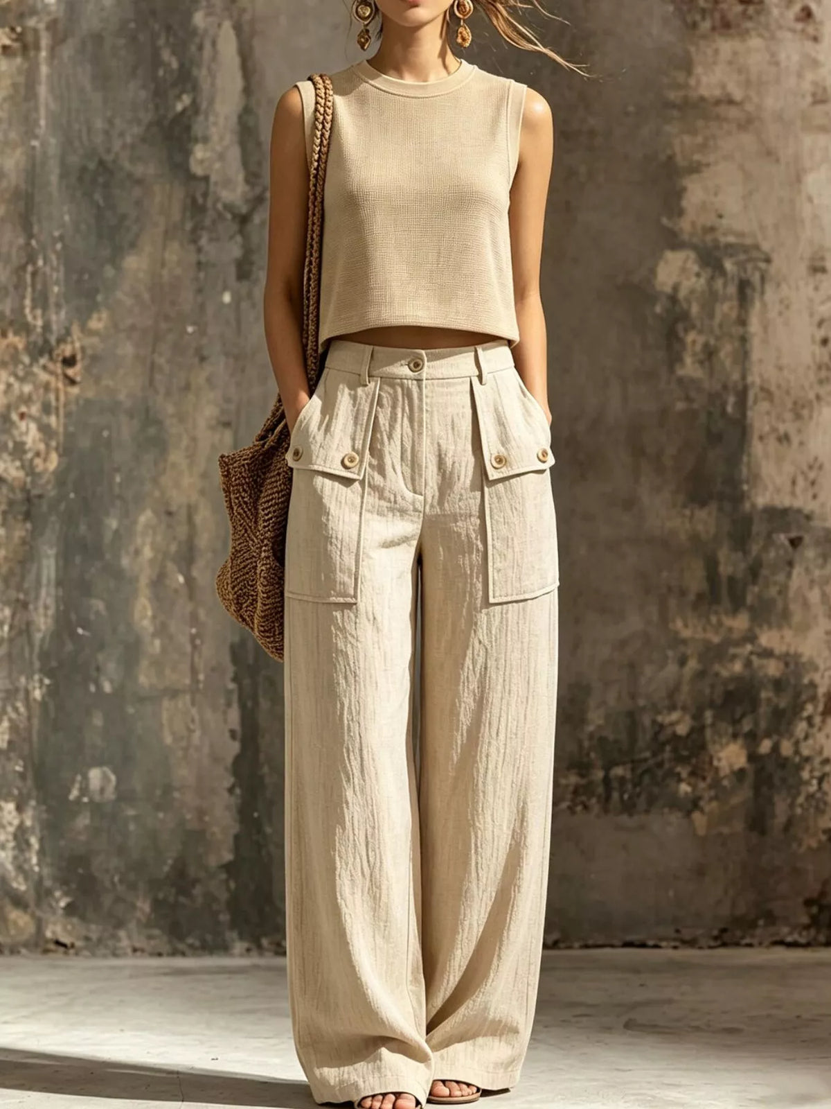Khaki Sleeveless Crop Top & Wide-Leg Cargo Pants Set front view