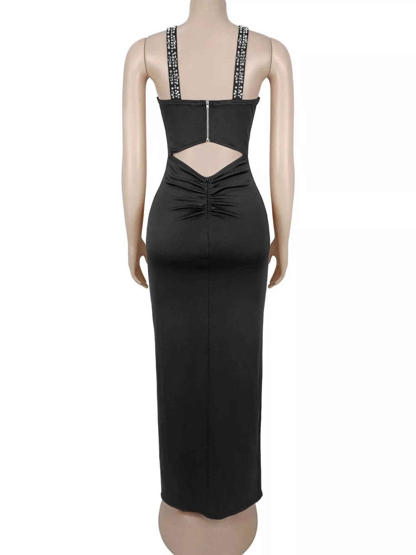 Trendsi Rhinestone Cutout Back High Slit Maxi Dress -