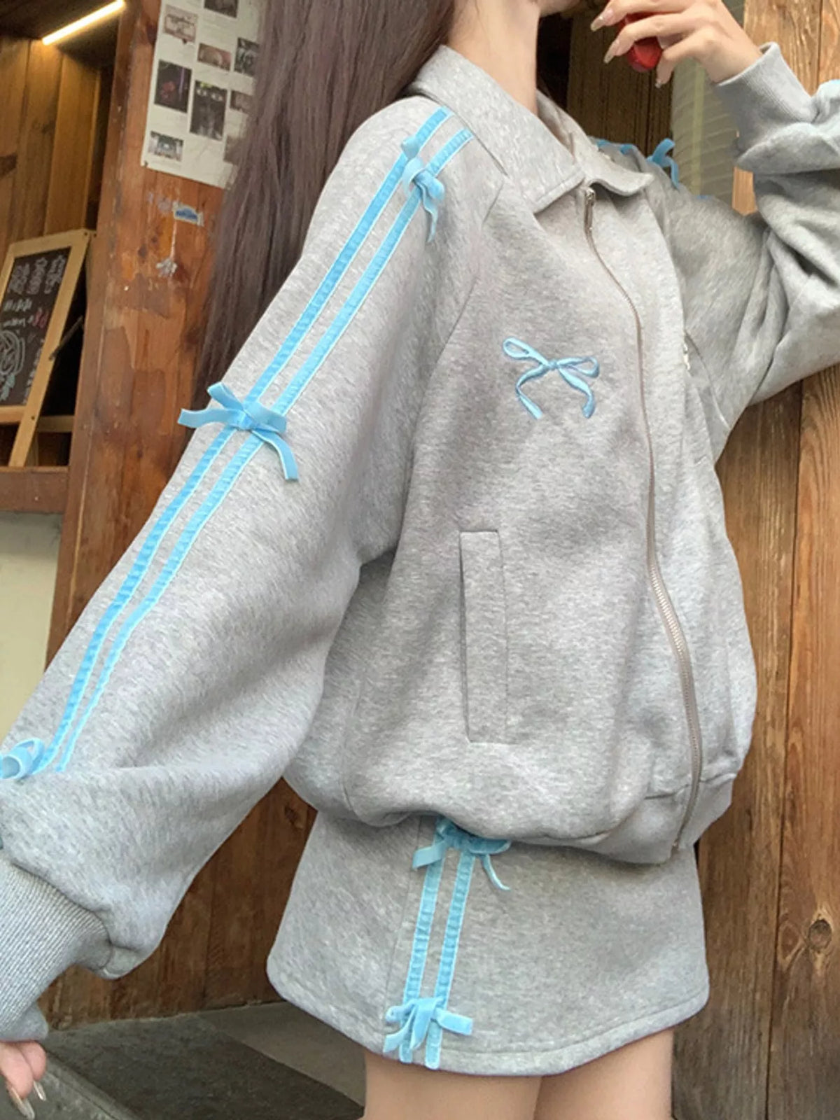Heather Gray bow embroidered zip-up sweatshirt, back view