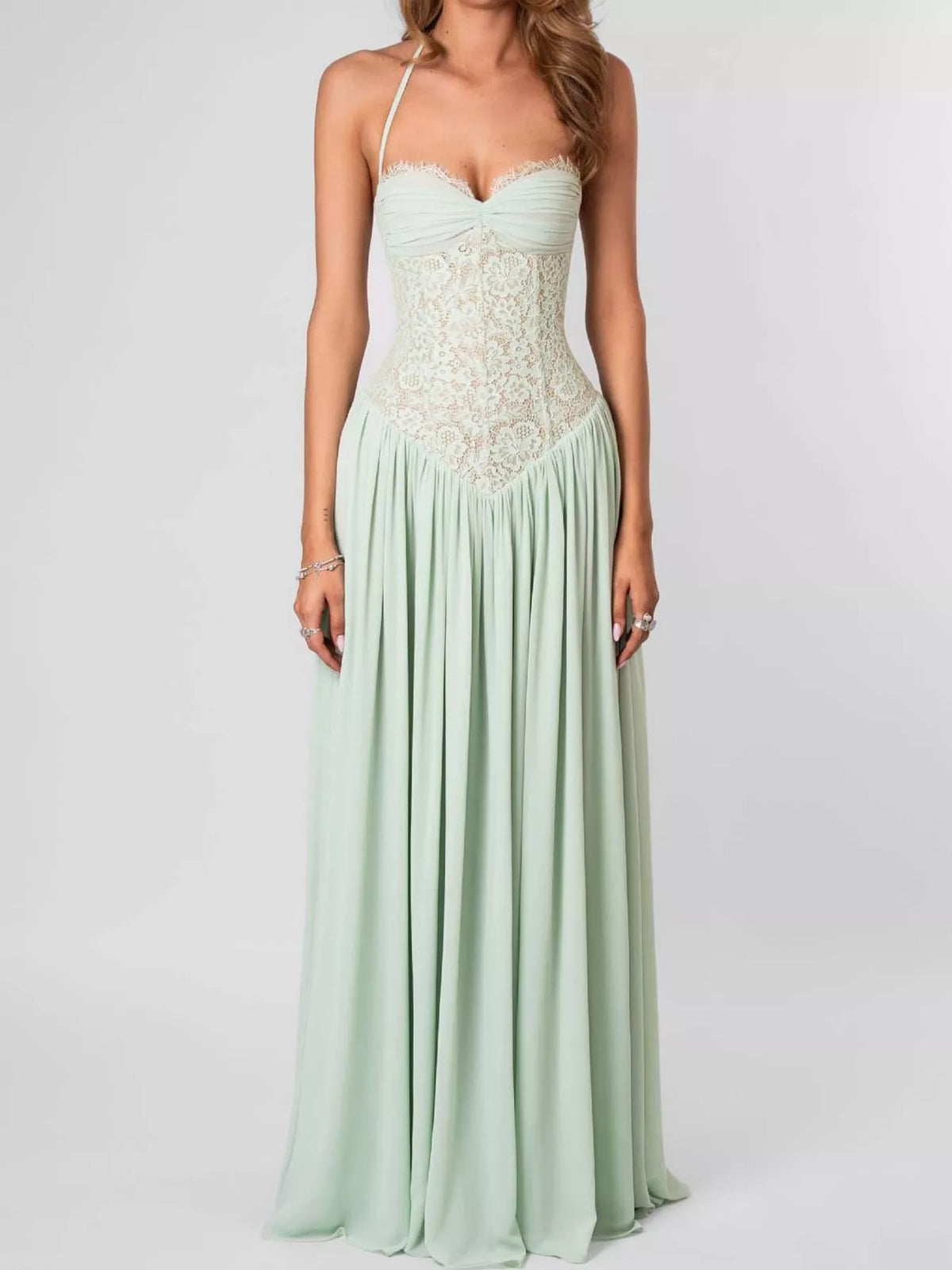 Mint green lace corset halter neck maxi dress — front view