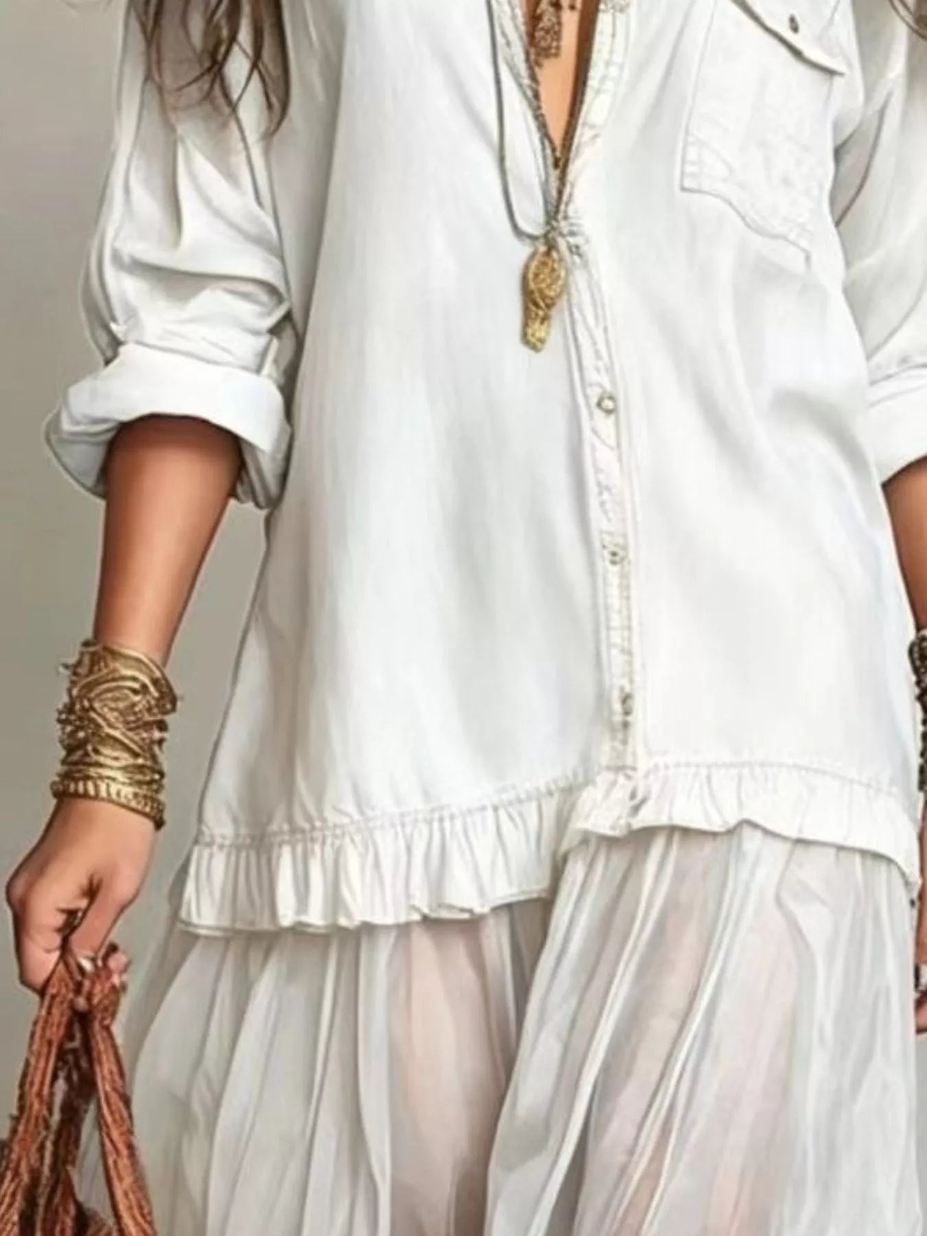 Trendsi Full Size Tiered Long Sleeve Denim Shirt Maxi Dress Plus Size -