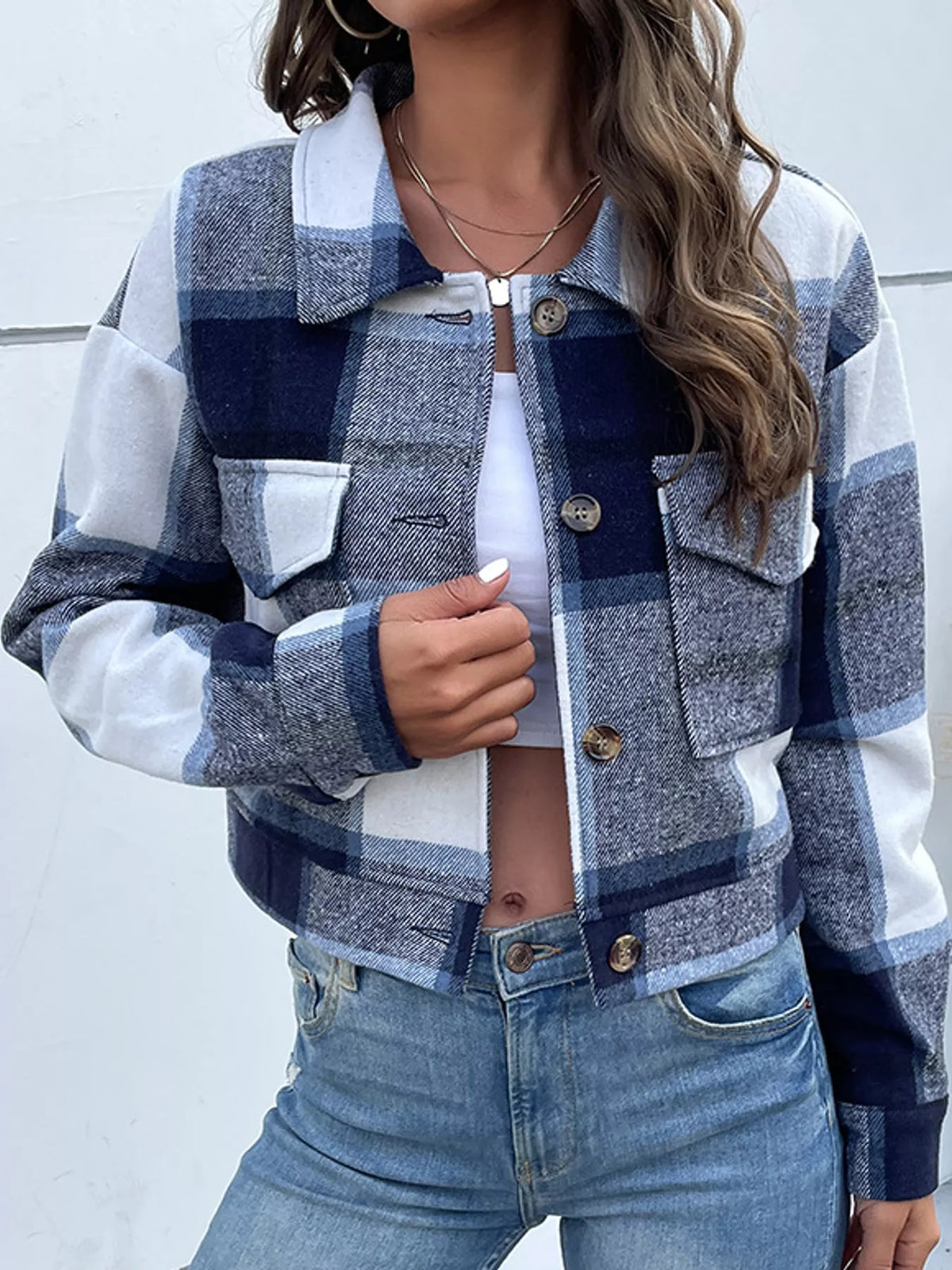 Navy plaid button-up cropped jacket