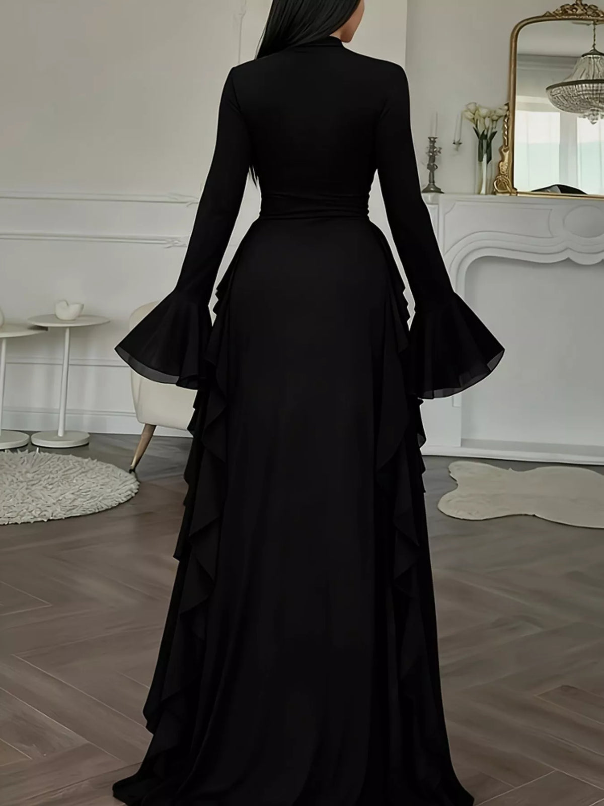 Mock neck long sleeve maxi dress, back view