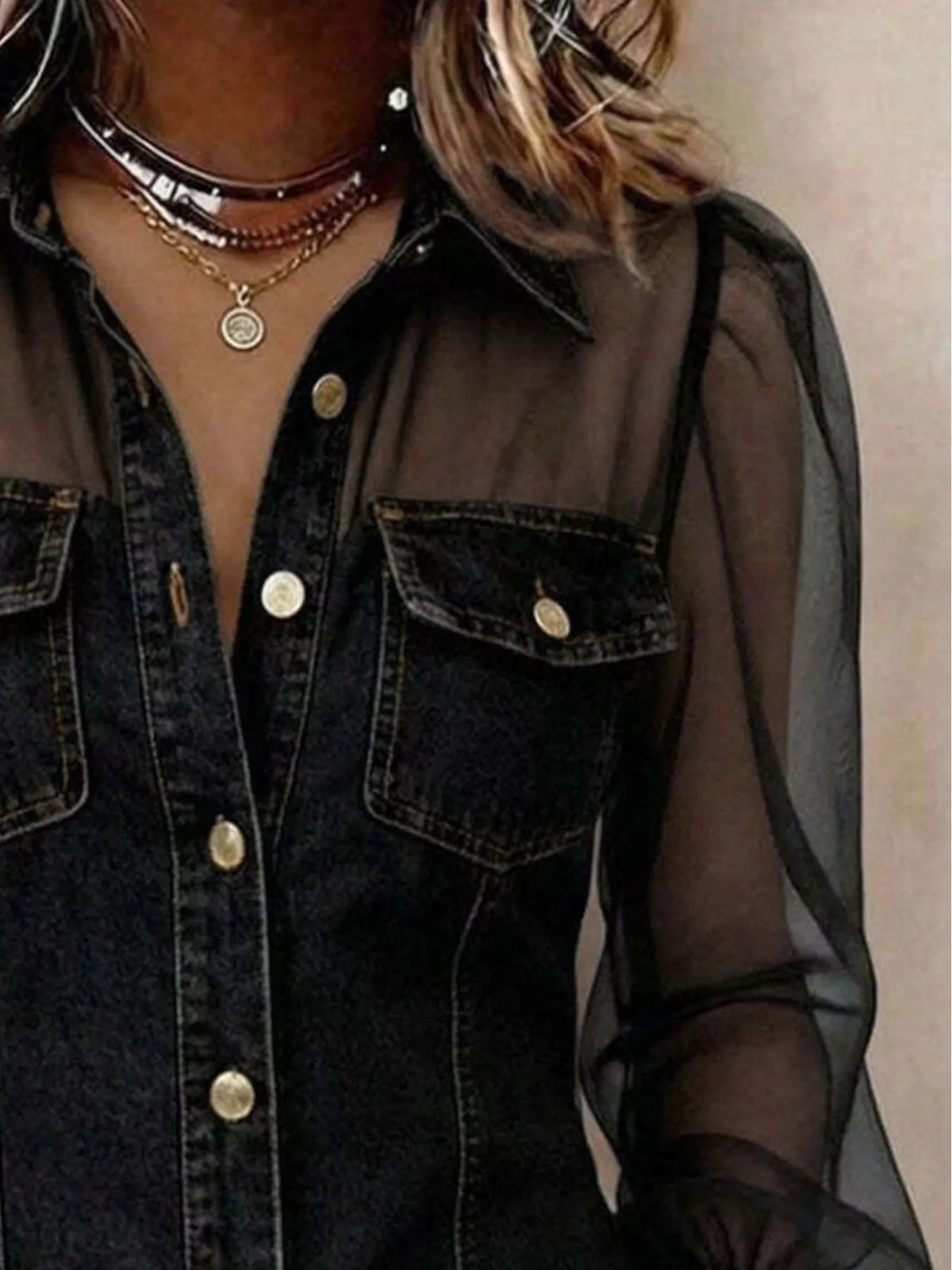 Black sheer mesh sleeve button-up shirt — design and construction details
