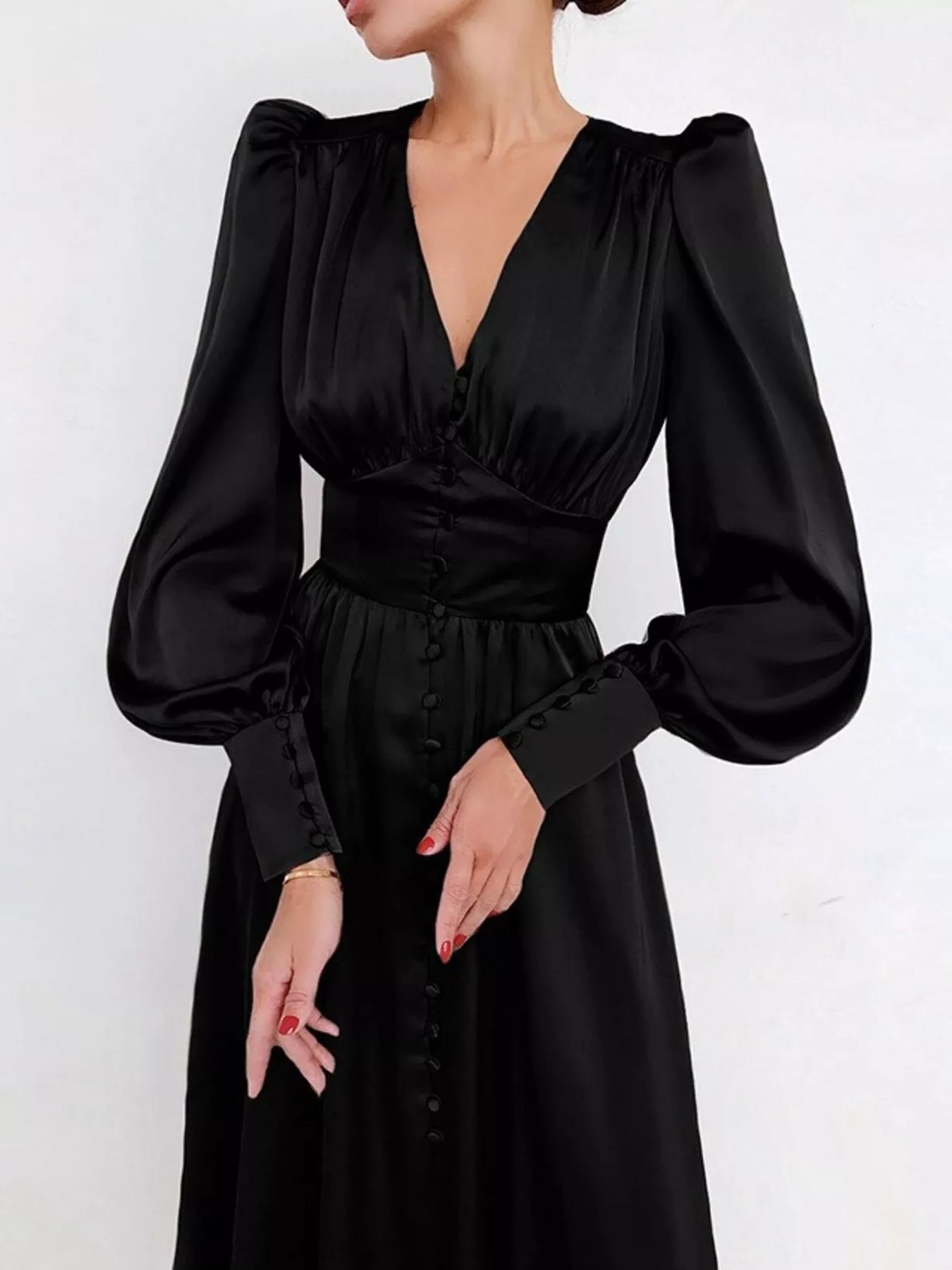 Trendsi V-Neck Lantern Sleeve Midi Dress -