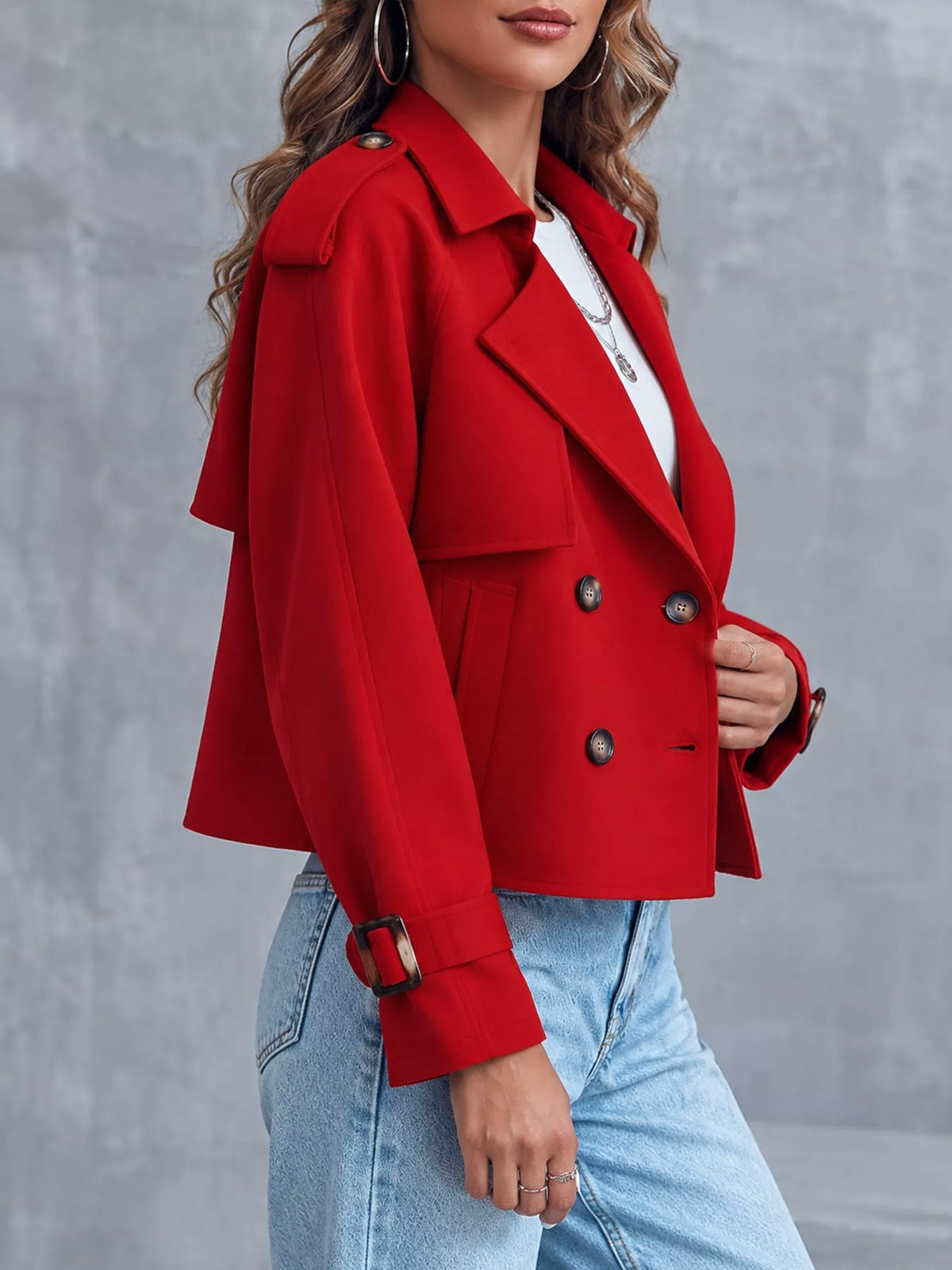 Women's Double-Breasted Cropped Trench Coat in red — side view