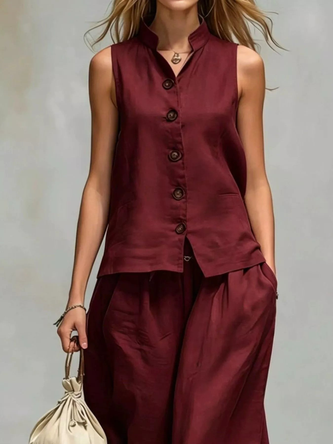 Trendsi Sleeveless Button-Down Top and Wide-Leg Pant Set -