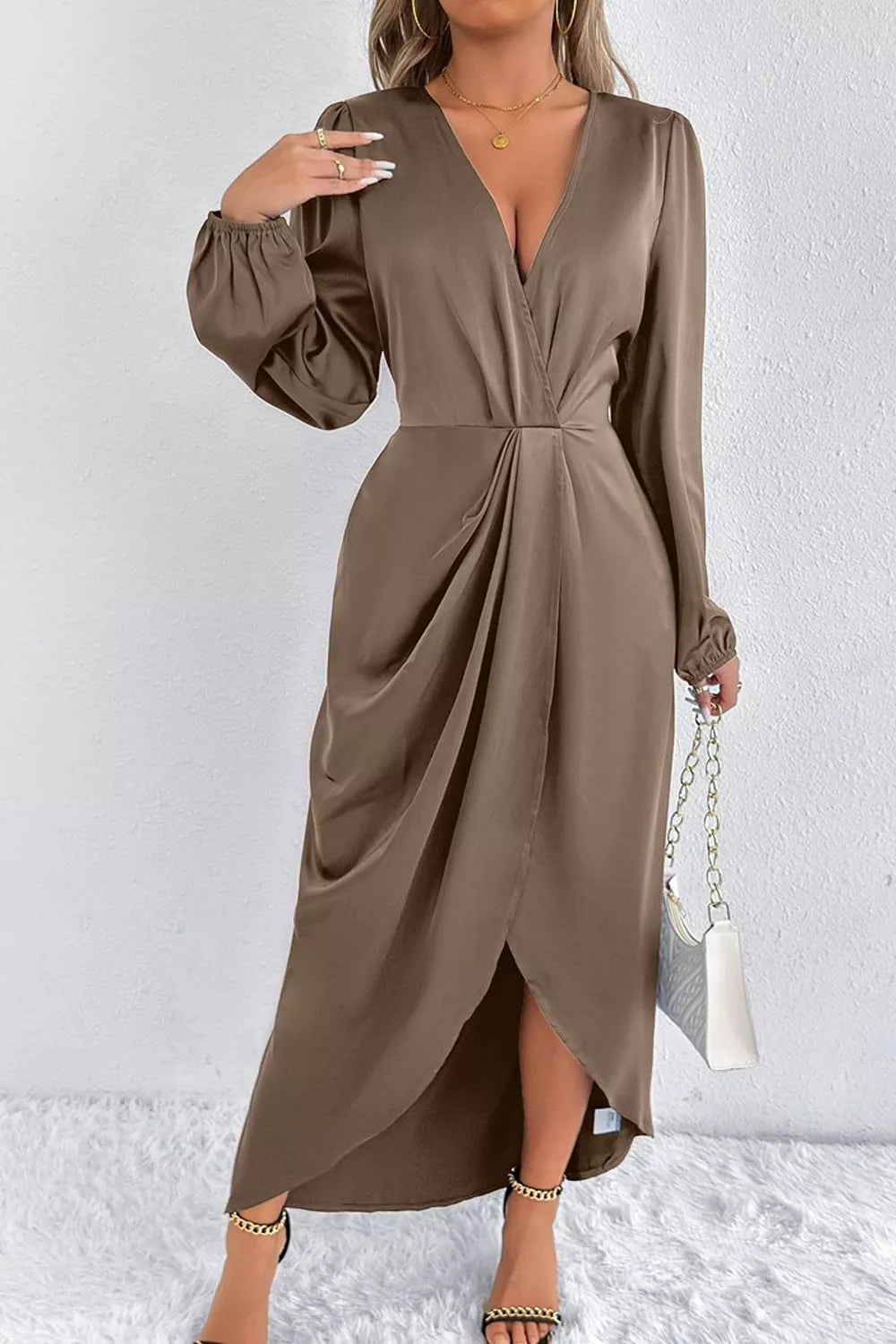 Trendsi Satin Balloon Sleeve Midi Dress -