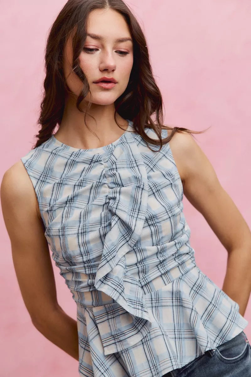 Women's Plaid Sleeveless Ruffle Peplum Top Blue And White Cotton — product view 6