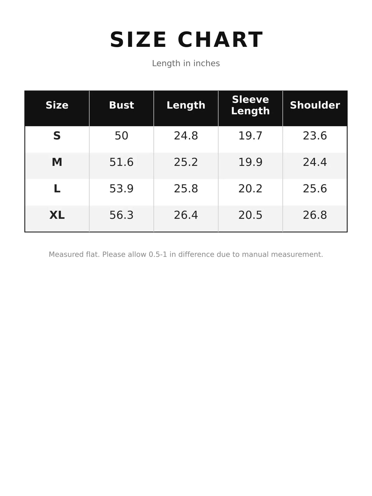Size chart for zip-up dropped shoulder jacket