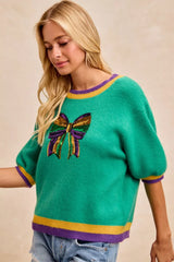 Trendsi BiBi Mardi Gras Sequin Ribbon Patched Sweater -