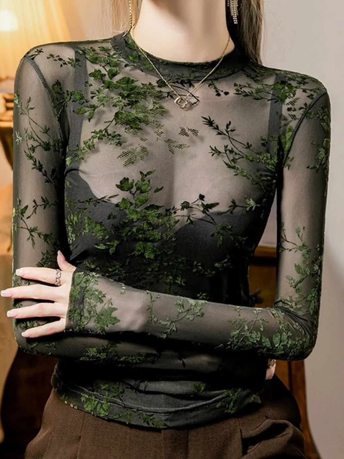 Green sheer mesh lace long sleeve t-shirt — design and construction details