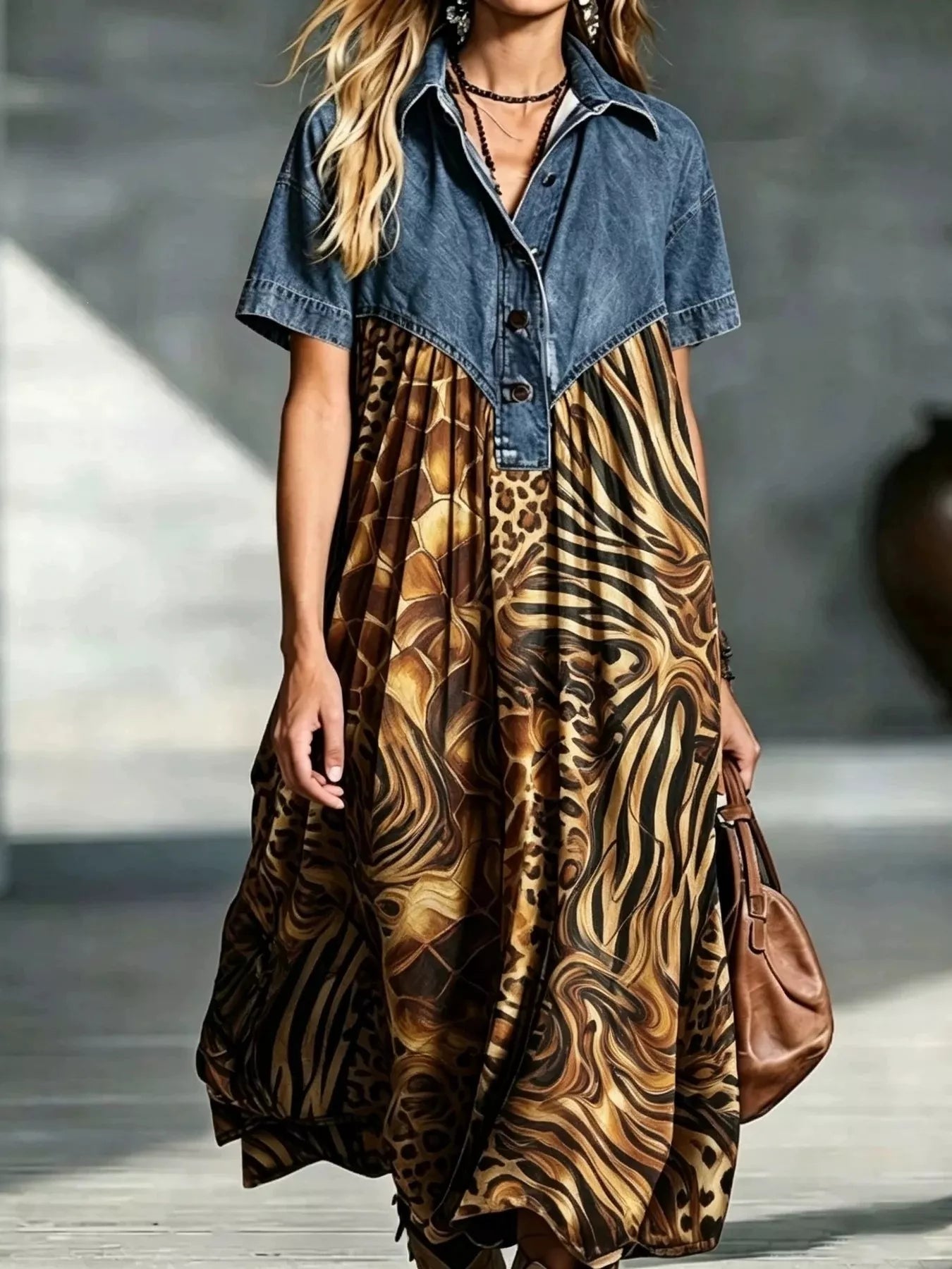 Trendsi Full Size Denim Patchwork Printed Shirt Dress Plus Size -