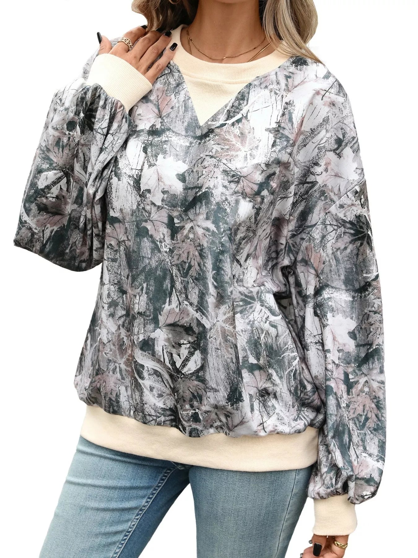 Trendsi Leaf Print Sweatshirt with Contrasting Trim -