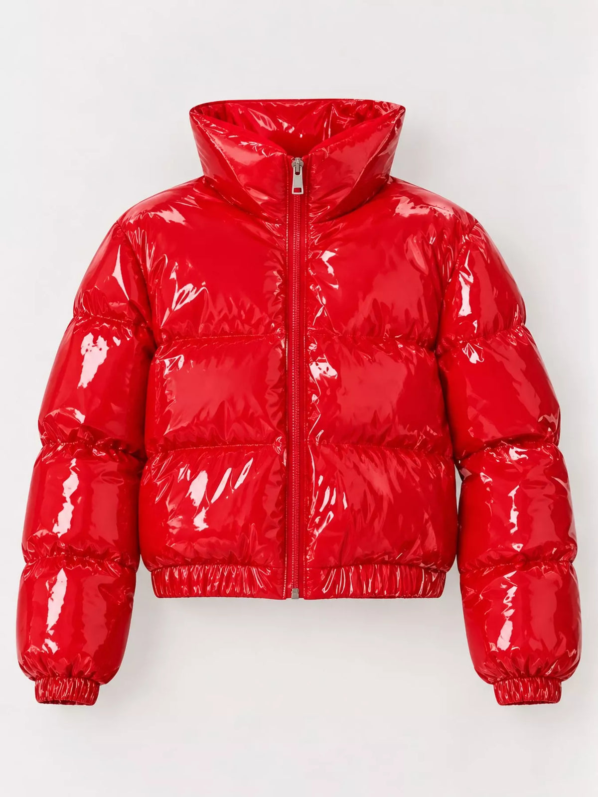 Glossy Stand-Collar Zip-Up Puffer Jacket — garment front