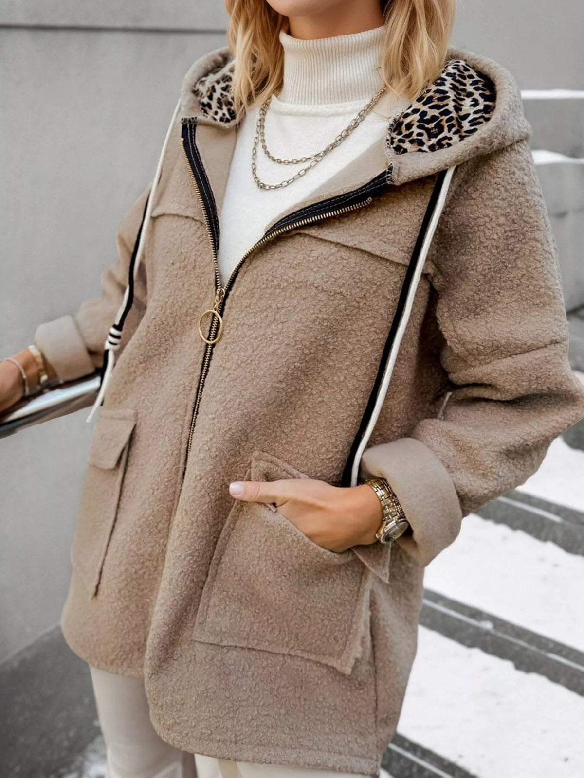 Khaki Fleece Zip-Up Hooded Jacket with Pockets hood, zipper, and pocket detail