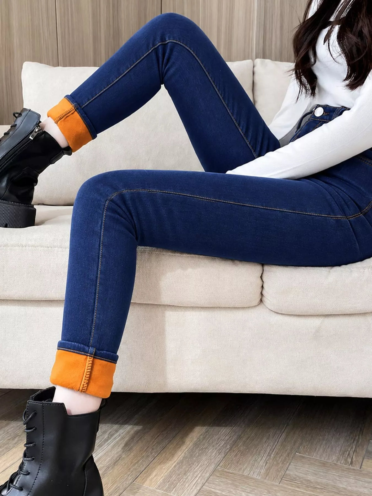 High-Waisted Slim-Fit Stretch Fleece Jeans — front view