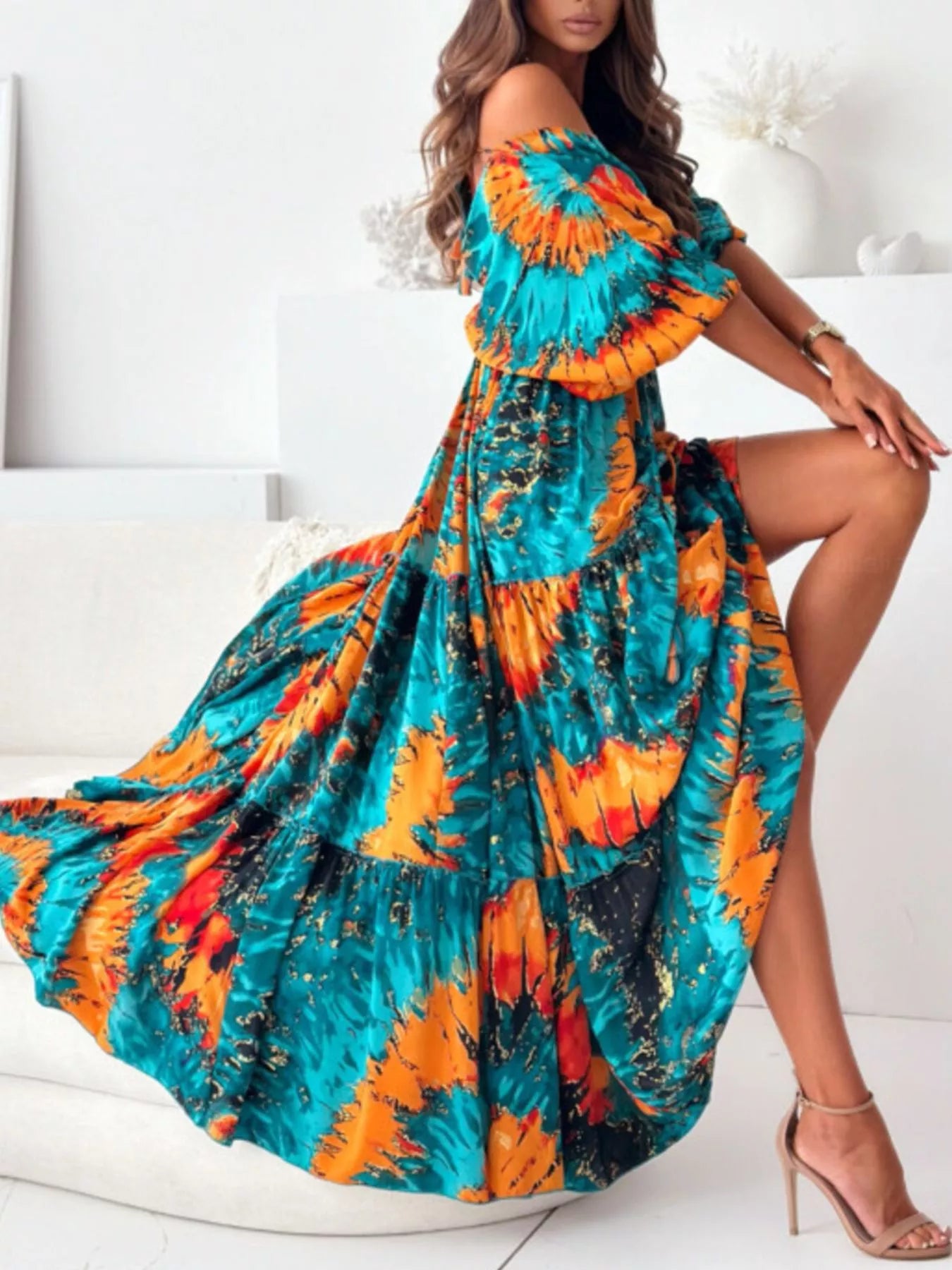 Trendsi Printed V-Neck Balloon Sleeve Slit Maxi Dress -