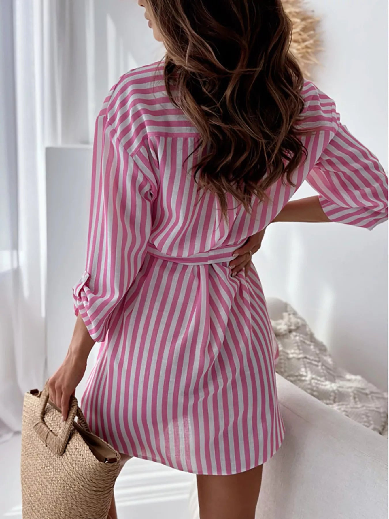 Trendsi Printed Long Sleeve Tie Waist Oversized Shirt -