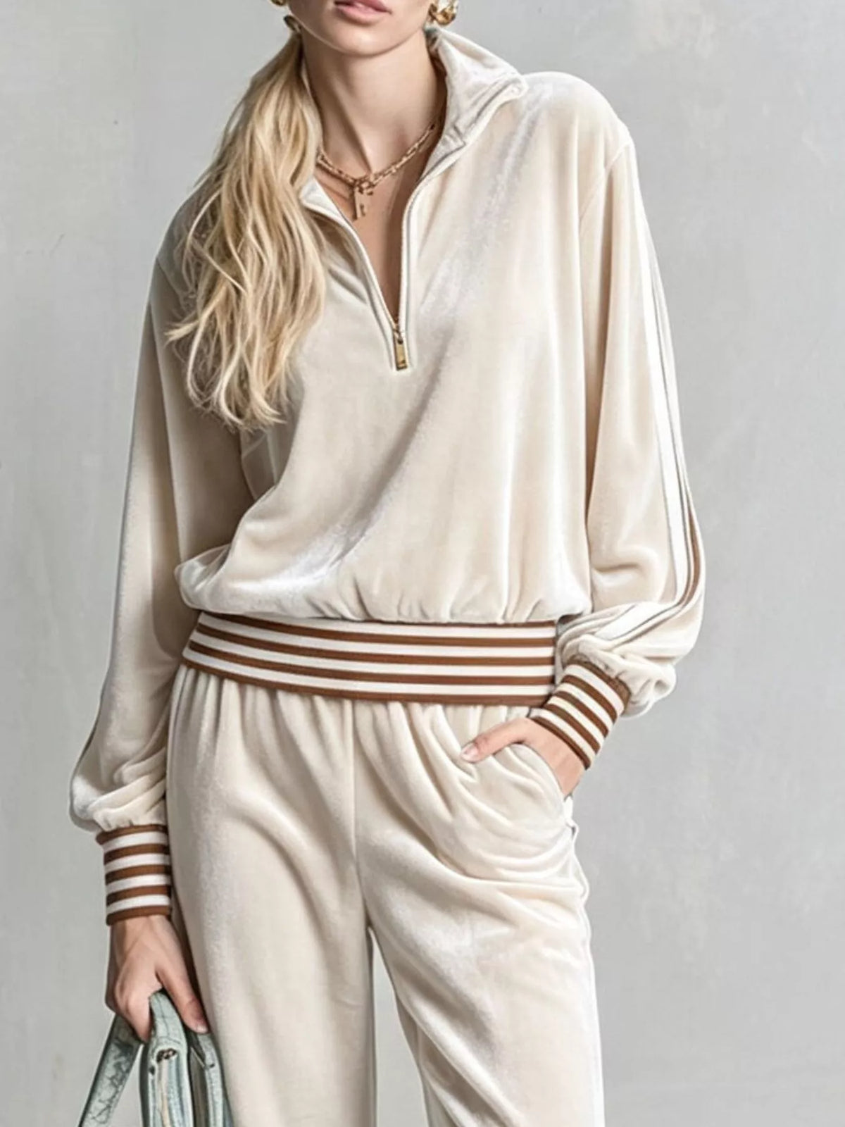 Cream striped half-zip top and pants set, zip neckline detail